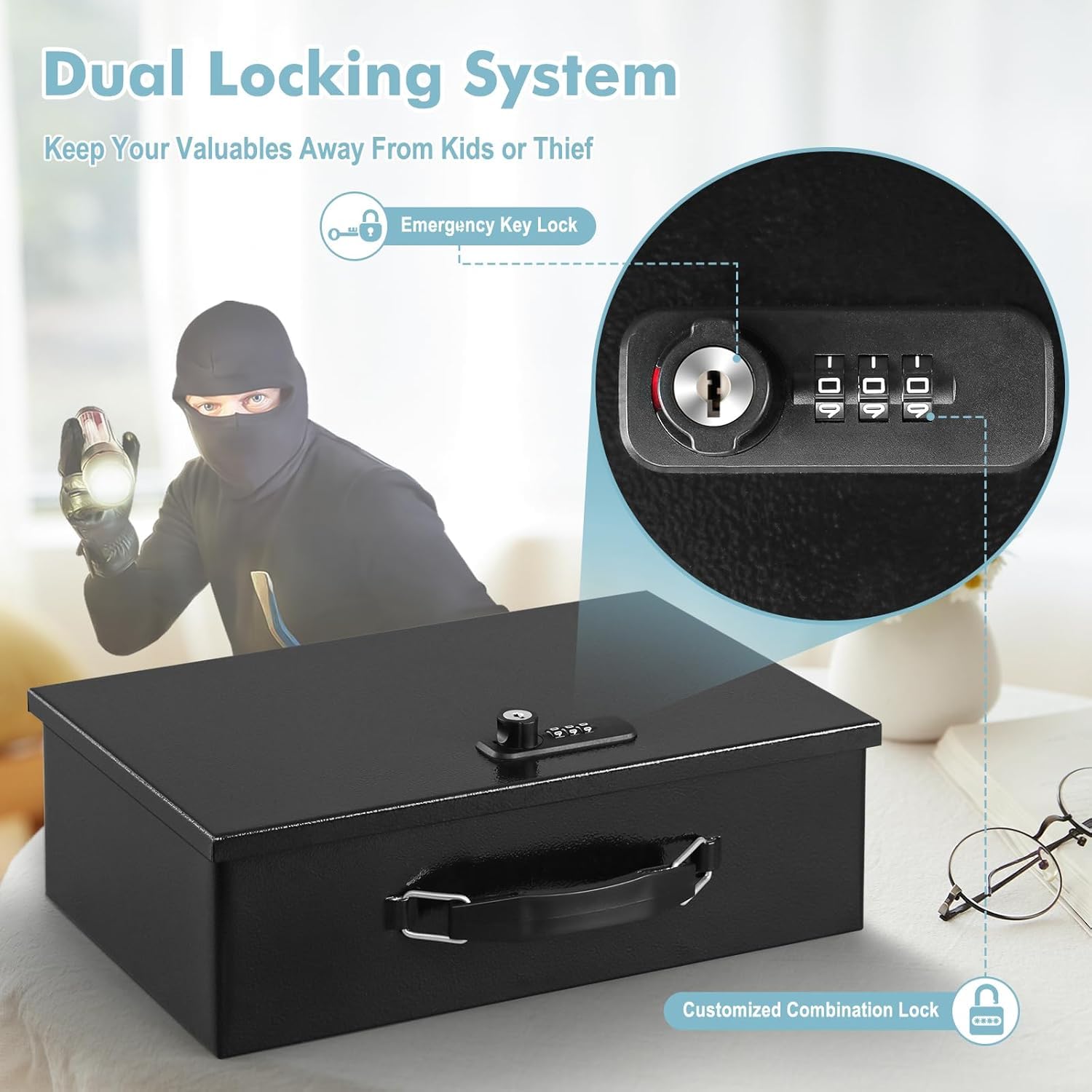 Caja Fuerte Ignífuga Portátil para Joyas, Pequeña Caja de Seguridad con Asa, Resistente al Fuego y Robo, Ideal para Hogar y Viaje - Cajas Fuertes de Alta Seguridad para Valores y Documentos