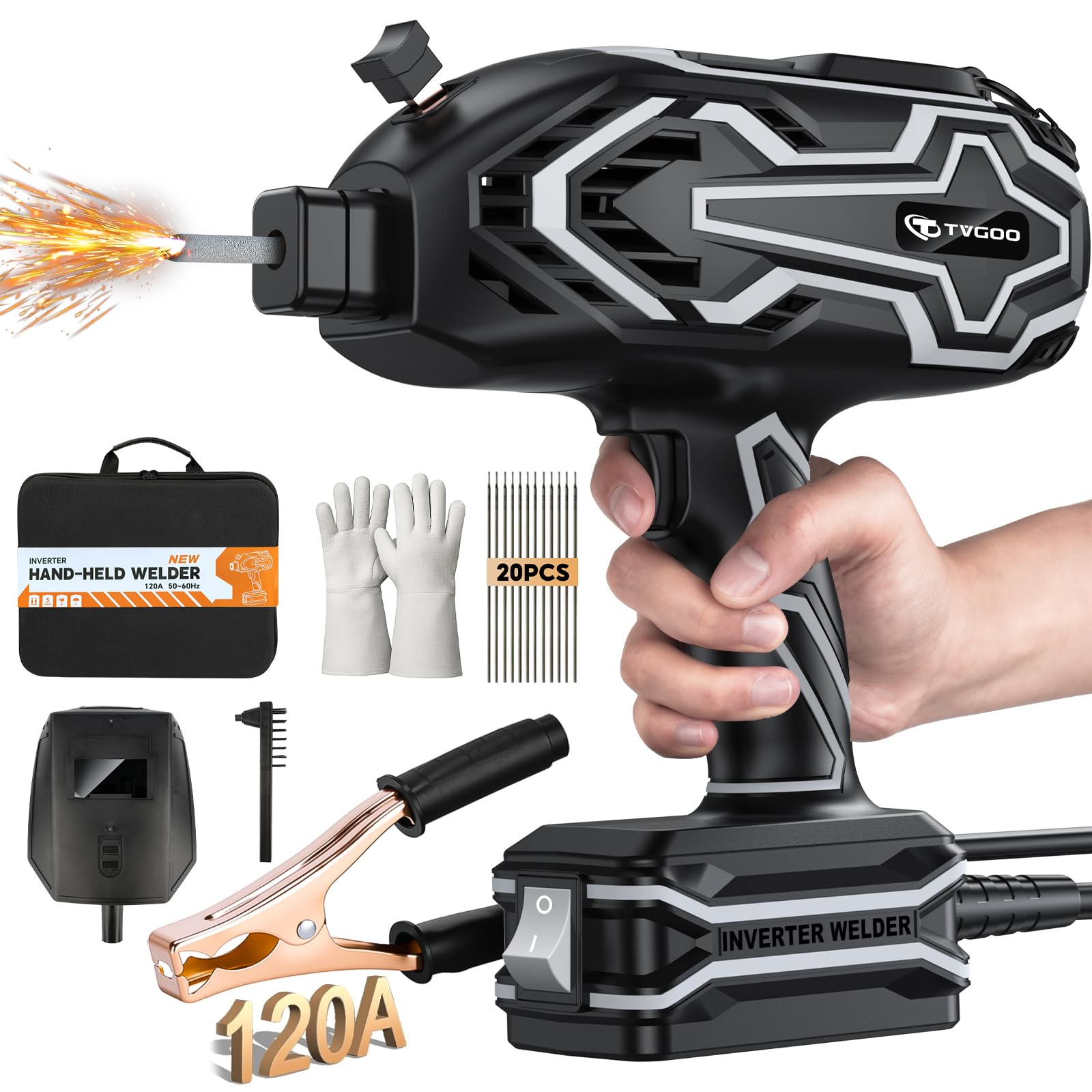 Tvgoo Portable Handheld Welding Machine - Digital Display & Memory Function, 120A 110V IGBT ARC Welder, Hot Start/Anti-Stick for 3/32"-1/8" Rods, Gift