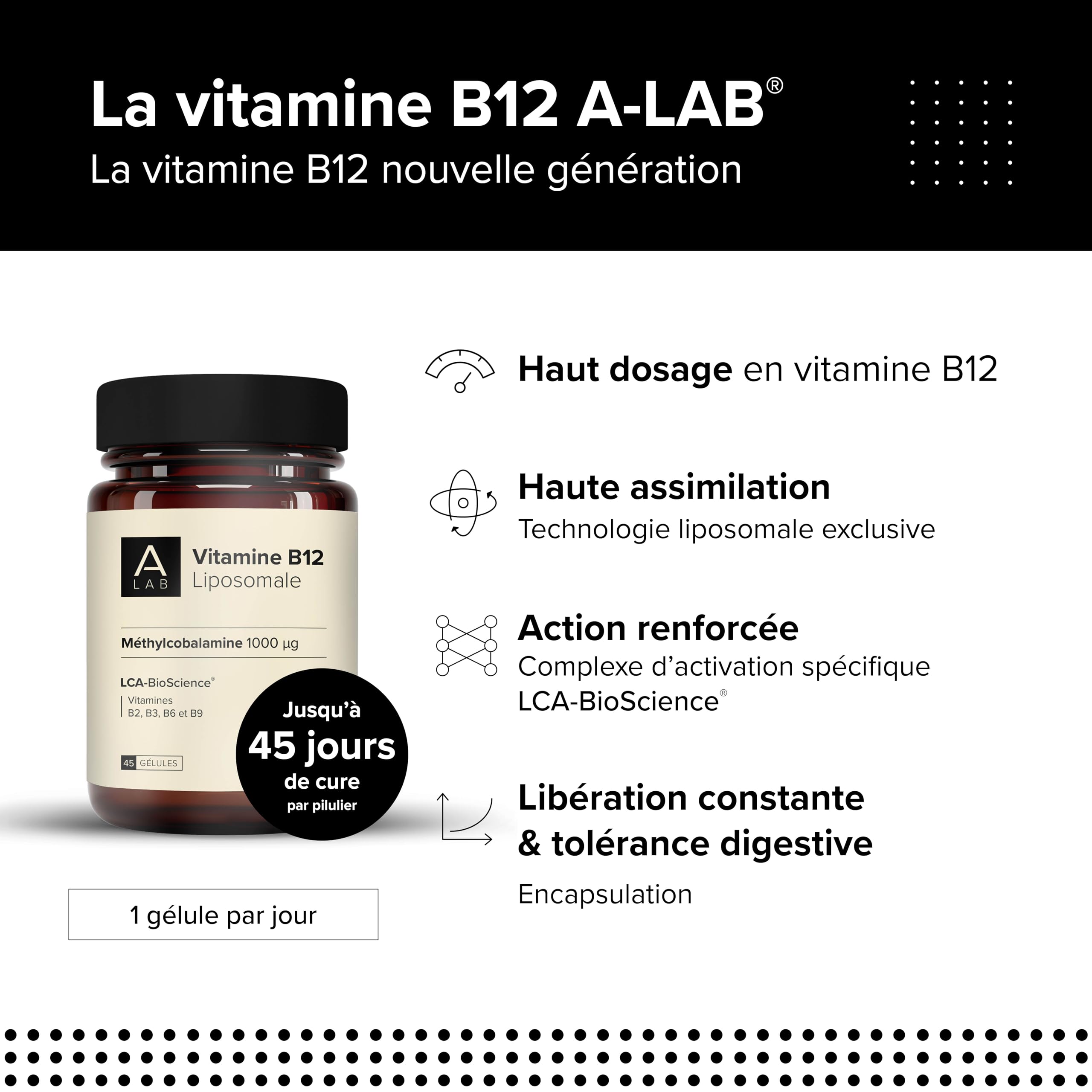 A-LAB Vitamine B12 liposomale 1000µg - Assimilation renforcée - Complément Alimentaire Santé Cardiovasculaire, Système Nerveux, Energie - Vitamines B2, B3, B6, B9, B12-45 jours - Fabriqué en France