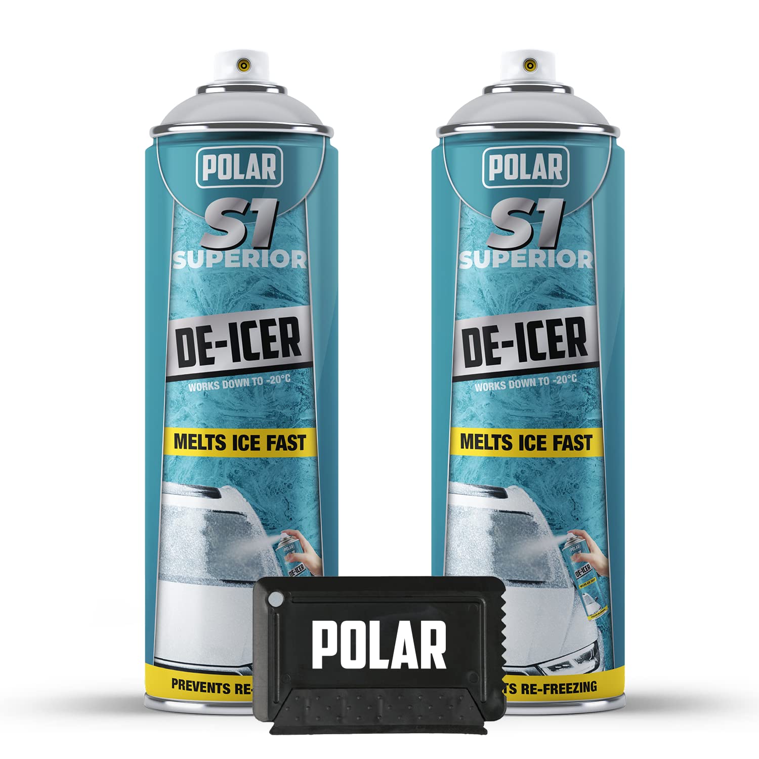 Polar Specialist Coatings X2 De-icer Spray 500ml and Ice Sc Set for Cars, Fast Acting Melts Ice and Frost Quickly for Windscreens, Operates at -20°c and Prevents Re-freezing Deicer