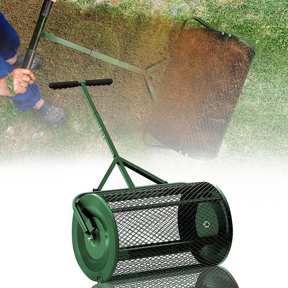 Esparcidor de turba de 24'', esparcidor de abono con mango mejorado en forma de T, esparcidor de césped y jardín para el cuidado del césped y el jardín, para plantar y sembrar, esparcidor de malla m