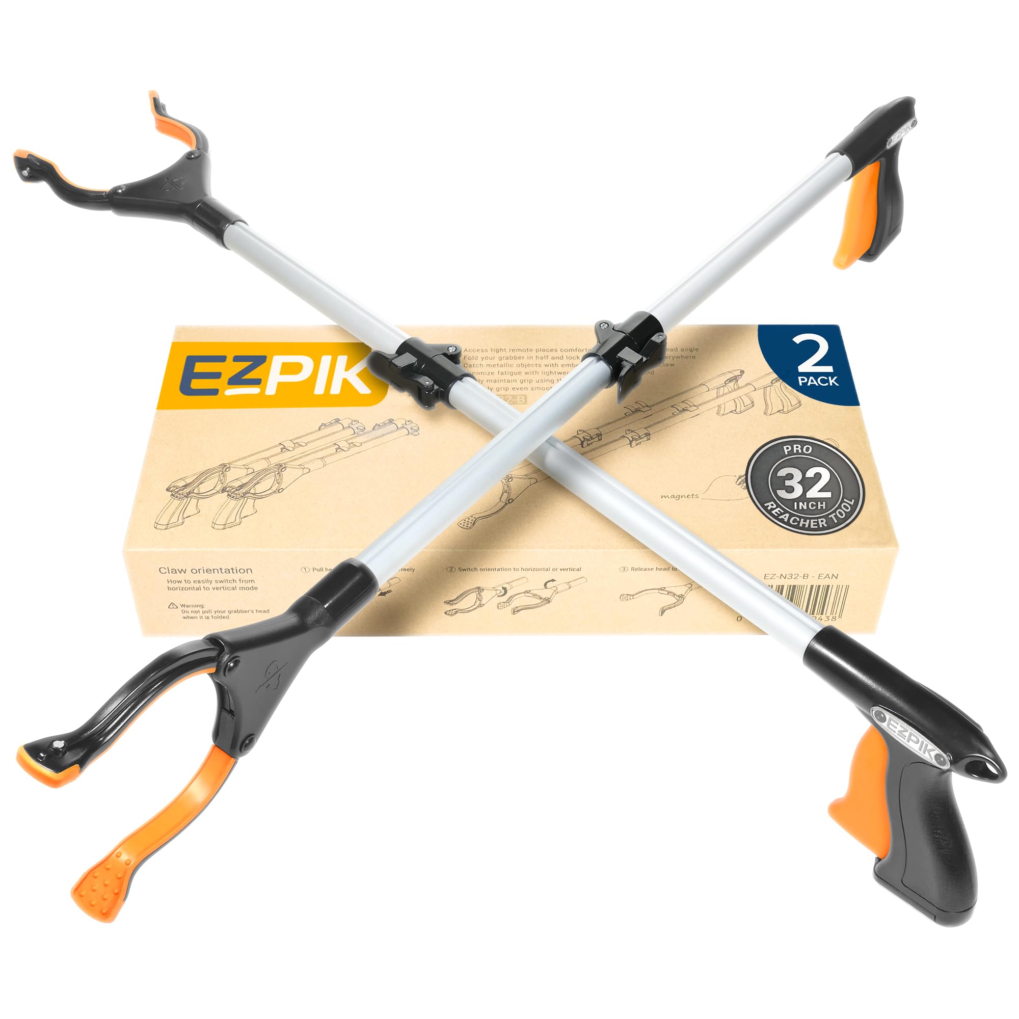 EZPIK® Grip Aid Tool Grabber Reacher + Magnets - Grabbers for Seniors, Trash Picker Upper Grabber - Trash Grabber Tool- Reacher Grabber Pickup Tool (Silver, 32″ (Pack of 2))