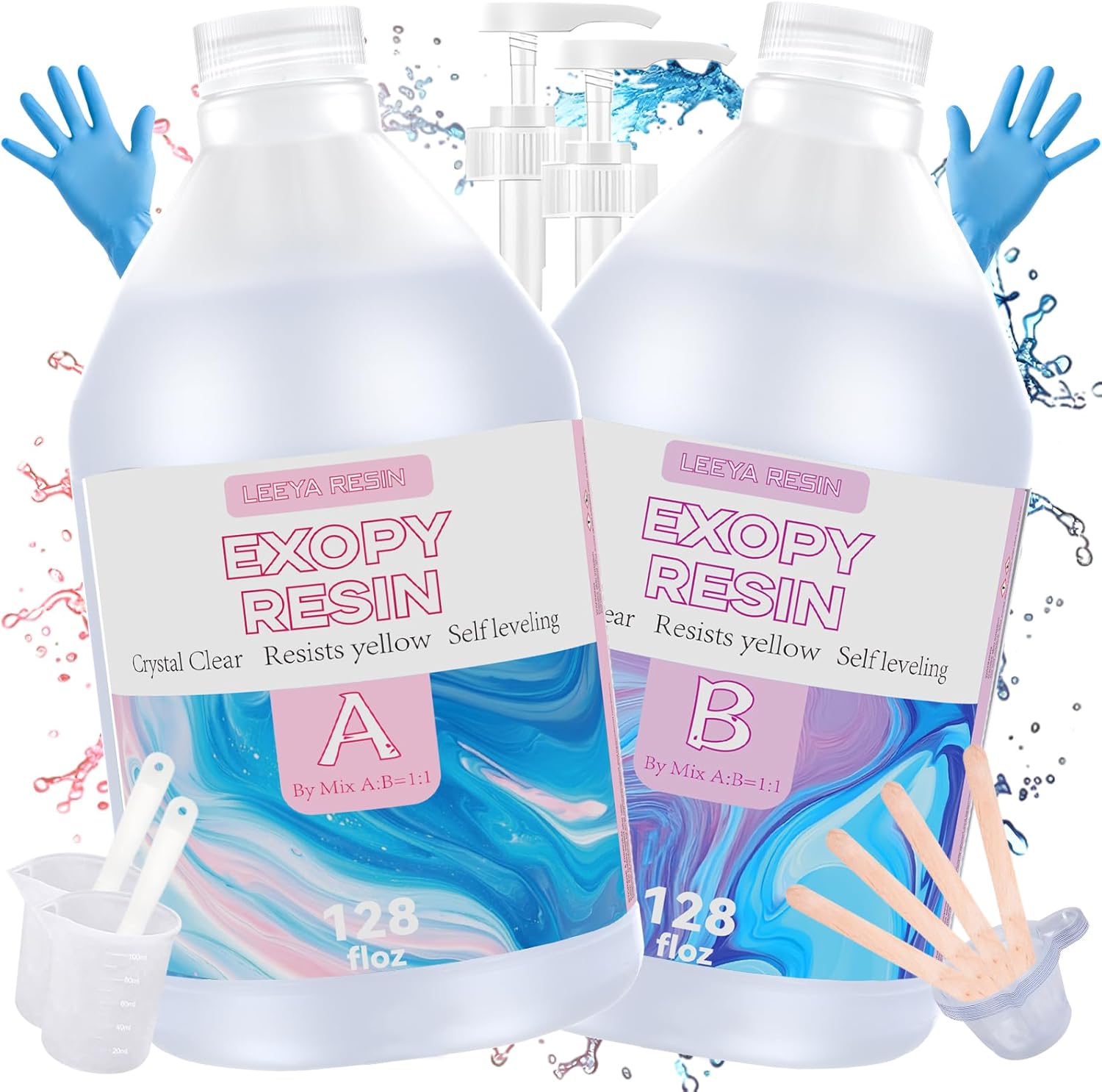 LEEYA RESIN 2 Gallon Epoxy Resin Kit with Pumps, Crystal Clear Epoxy Resin High Gloss No-Yellowing Resina Epoxica for Casting Coating, Countertop, Table top, Bar, Craft Resin Epoxy Wood Filler