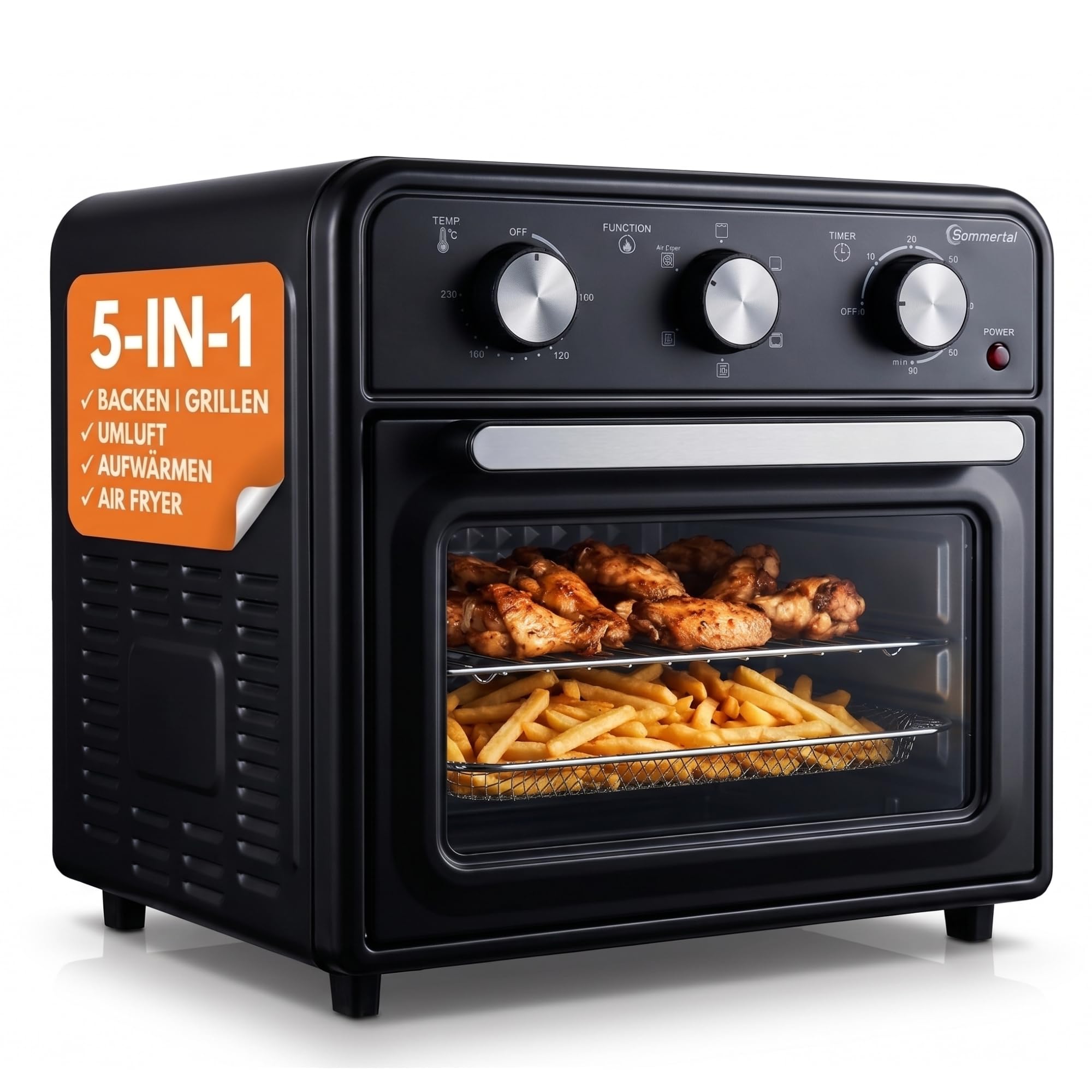 Sommertal Mini forno da 20 litri con convezione e friggitrice ad aria calda, mini forno da 1800 W per cuocere, grigliare e pizza, forno da tavolo piccolo con funzione Airfryer, 100 – 230 °C, timer da