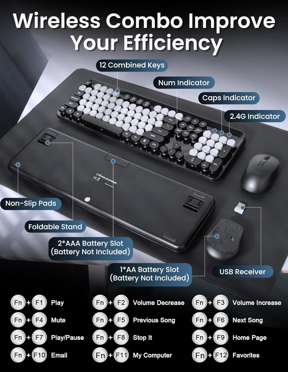 Wireless Keyboard and Mouse Combo, 104 Round Keys Colorful Full Size Keyboard and Mouse with 2.4GHz USB Receiver for PC/Laptop/Tablet/Computer/Windows, Black