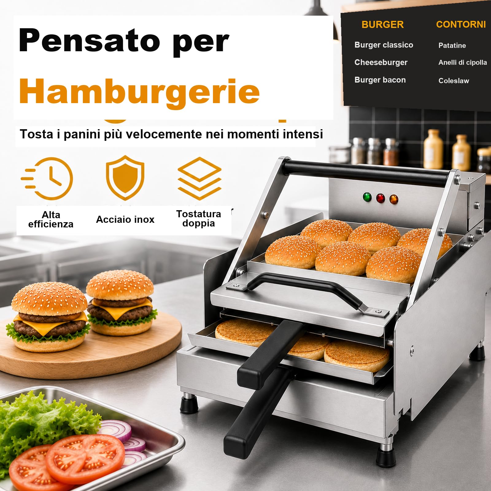 Tostapane Industriale per Pane da Hamburger, 360 Pezzi/ora | Tosta 6 panini per ciclo in circa 40 secondi, fino a 360 pezzi/ora.