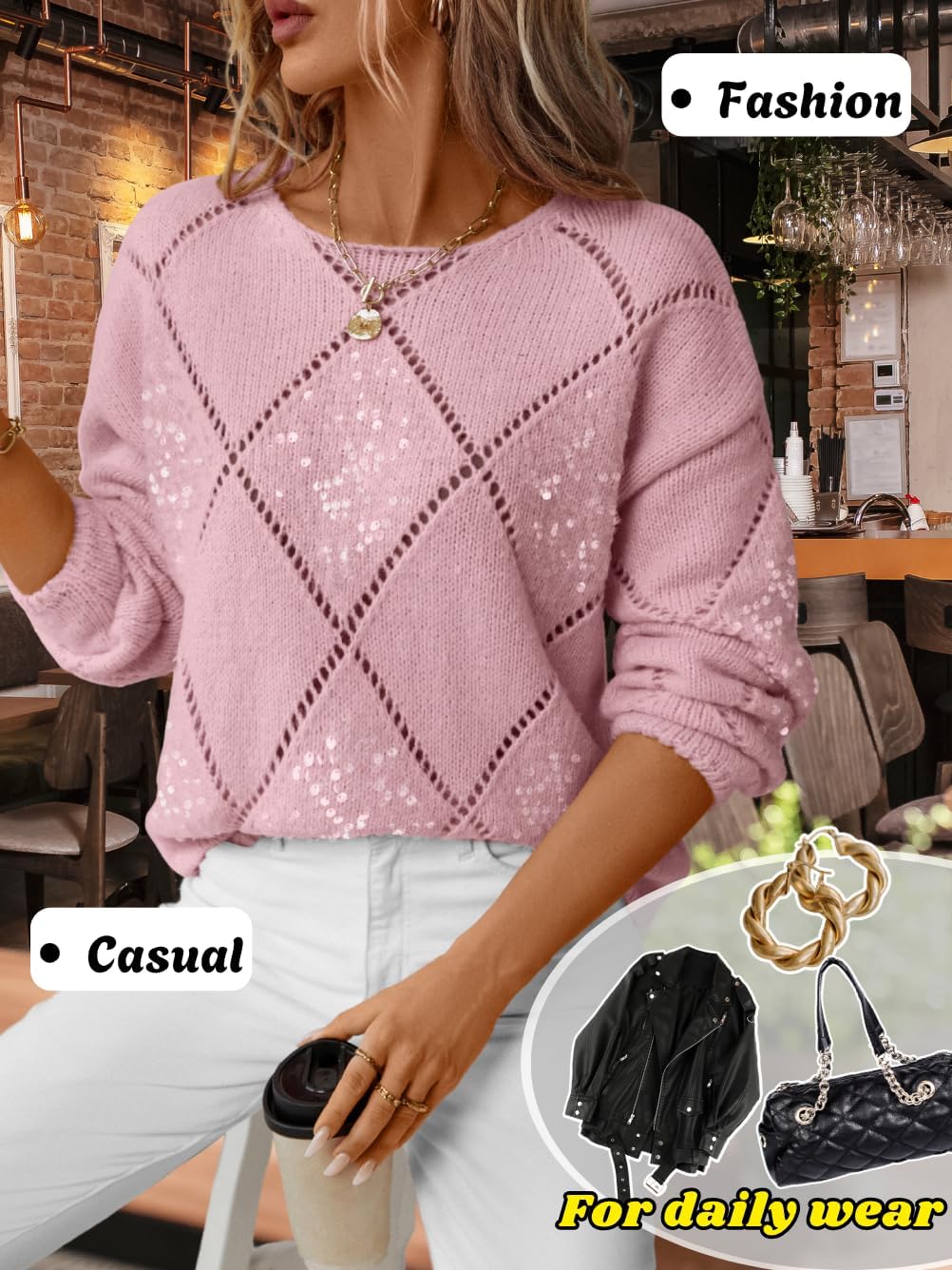 Women's Sequin Sweater, Long Sleeve Argyle Hollow Out, Crewneck Sparkly Pullover, Loose Casual Lightweight Knit Top - Image 5
