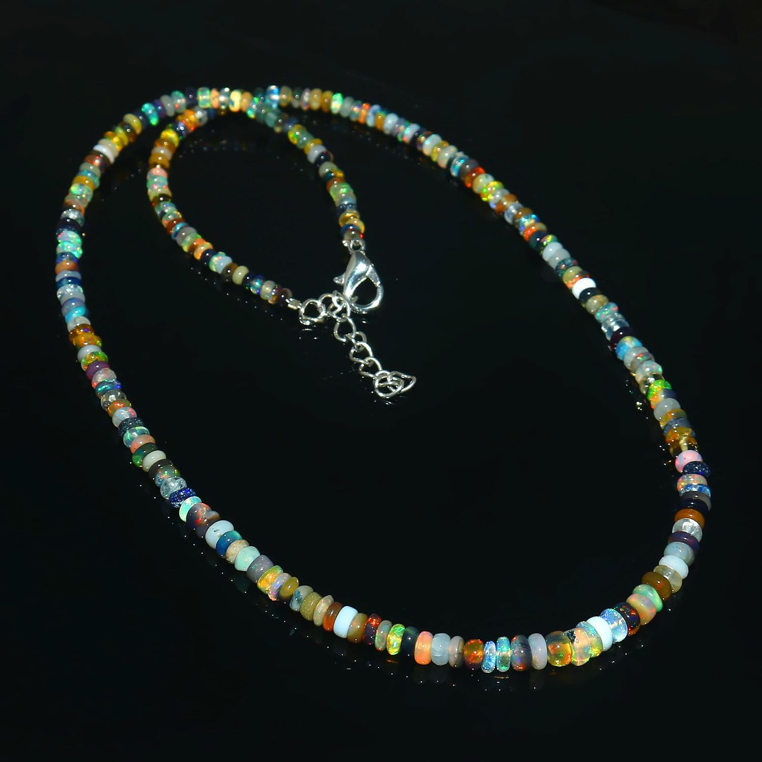 Ethiopian Fire Opal Necklace 3-7MM Real Opal Rondelle Beaded Strand For Men/Women Silver Lobster Clasp
