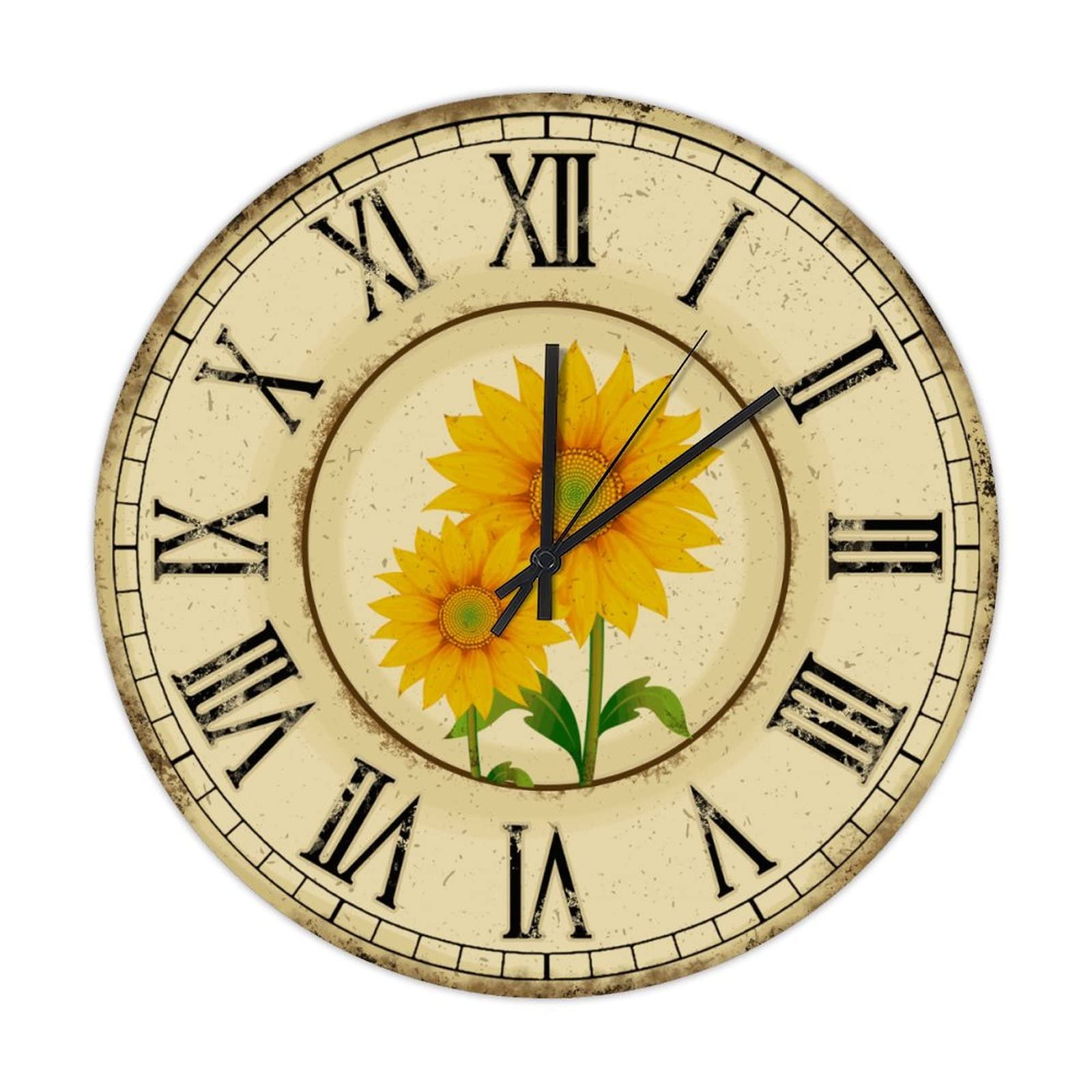 Horloge murale vintage en bois tournesol 38cm pour decoration cuisine