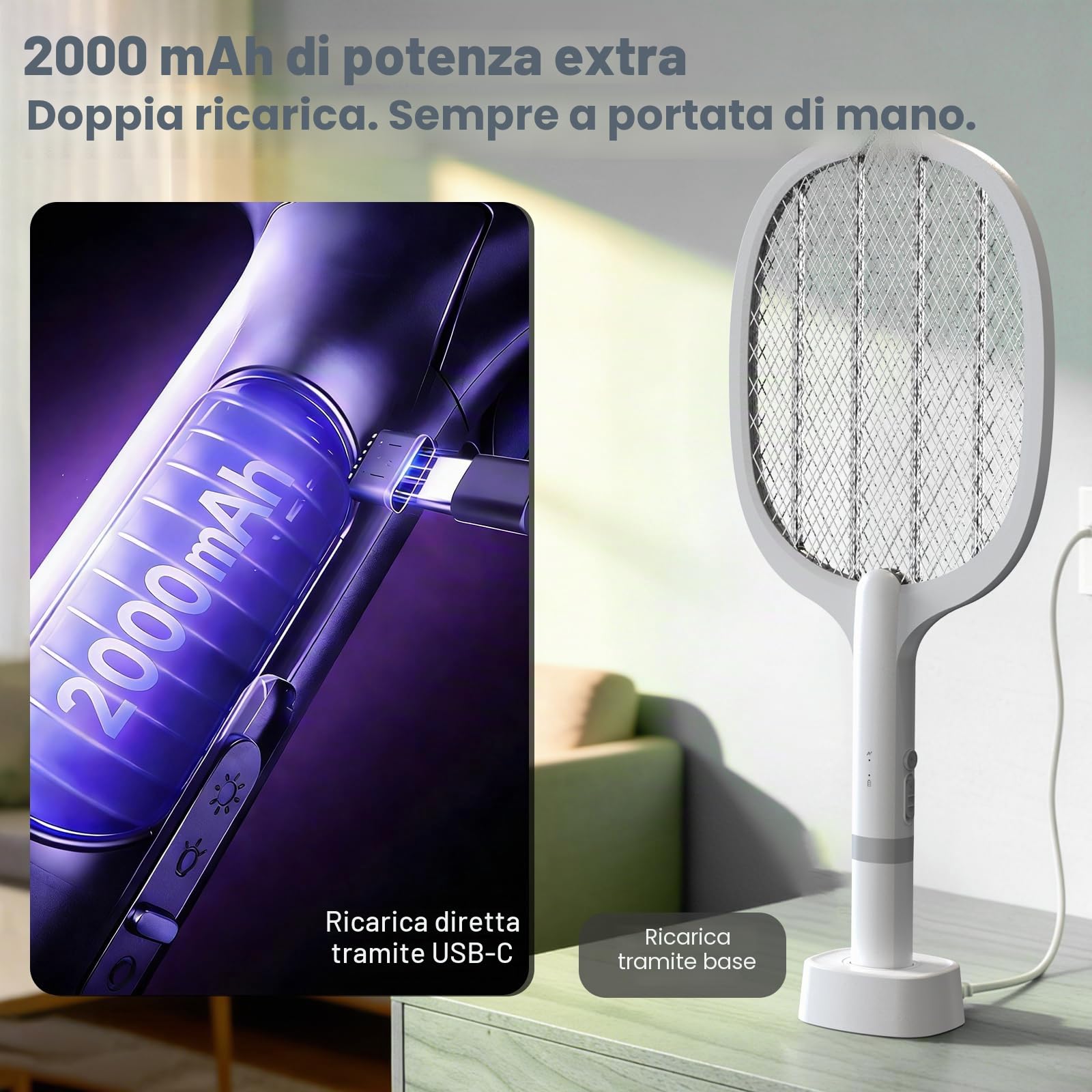 Racchetta Zanzare Elettrica, 5000V Racchetta Zanzare con USB Ricaricabile e LED 2 in 1, Protezione Maglia a 3 Strati Adatto per Casa Giardino Campeggio Interni ed Esterni (2PS)