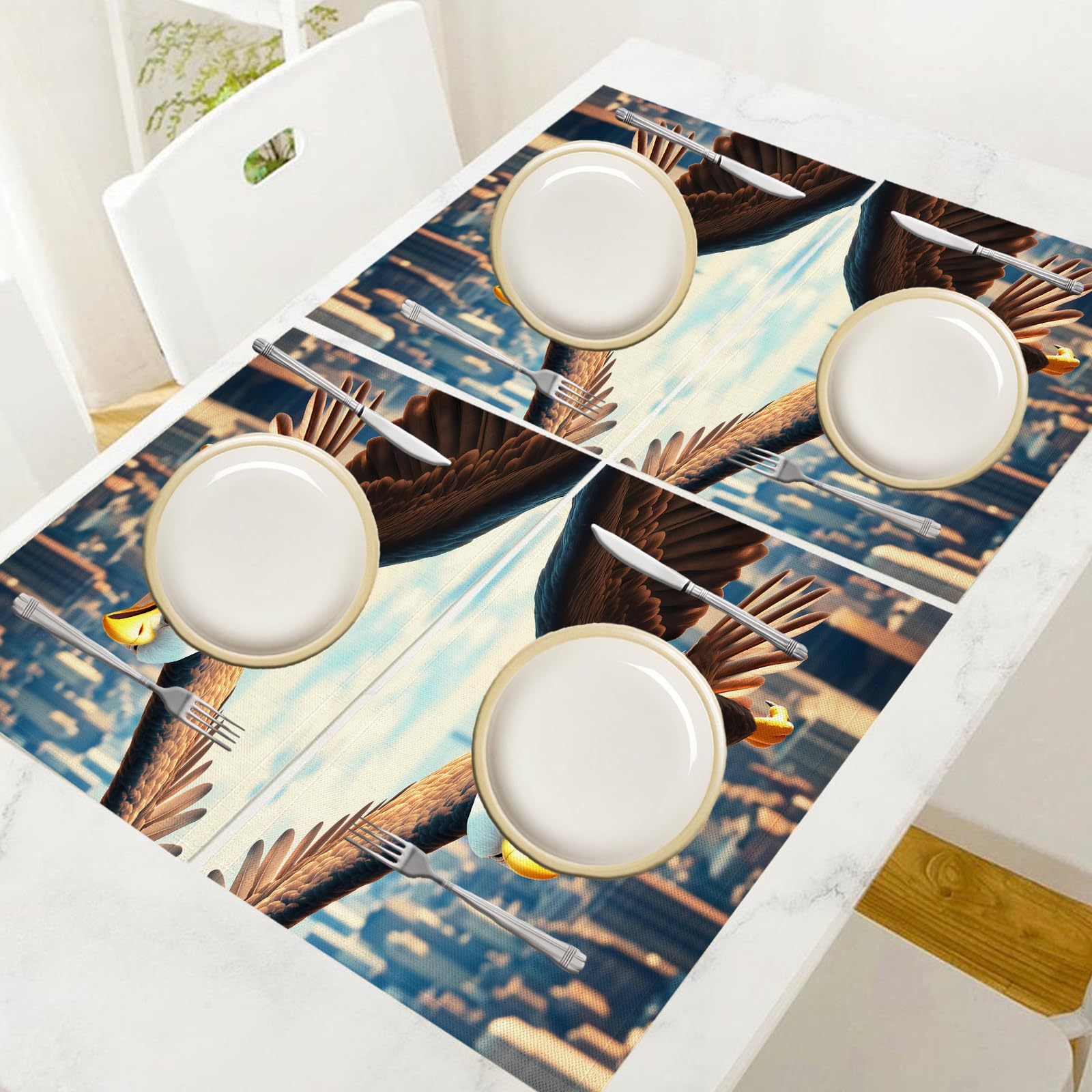 Set di 8 Tovagliette Americane Lavabili Cotone Lino Animali dei cartoni animati - Tovaglietta Americana Stoffa Resistenti al Calore Durevole Città dell'Aquila- per Colazione Pranzo