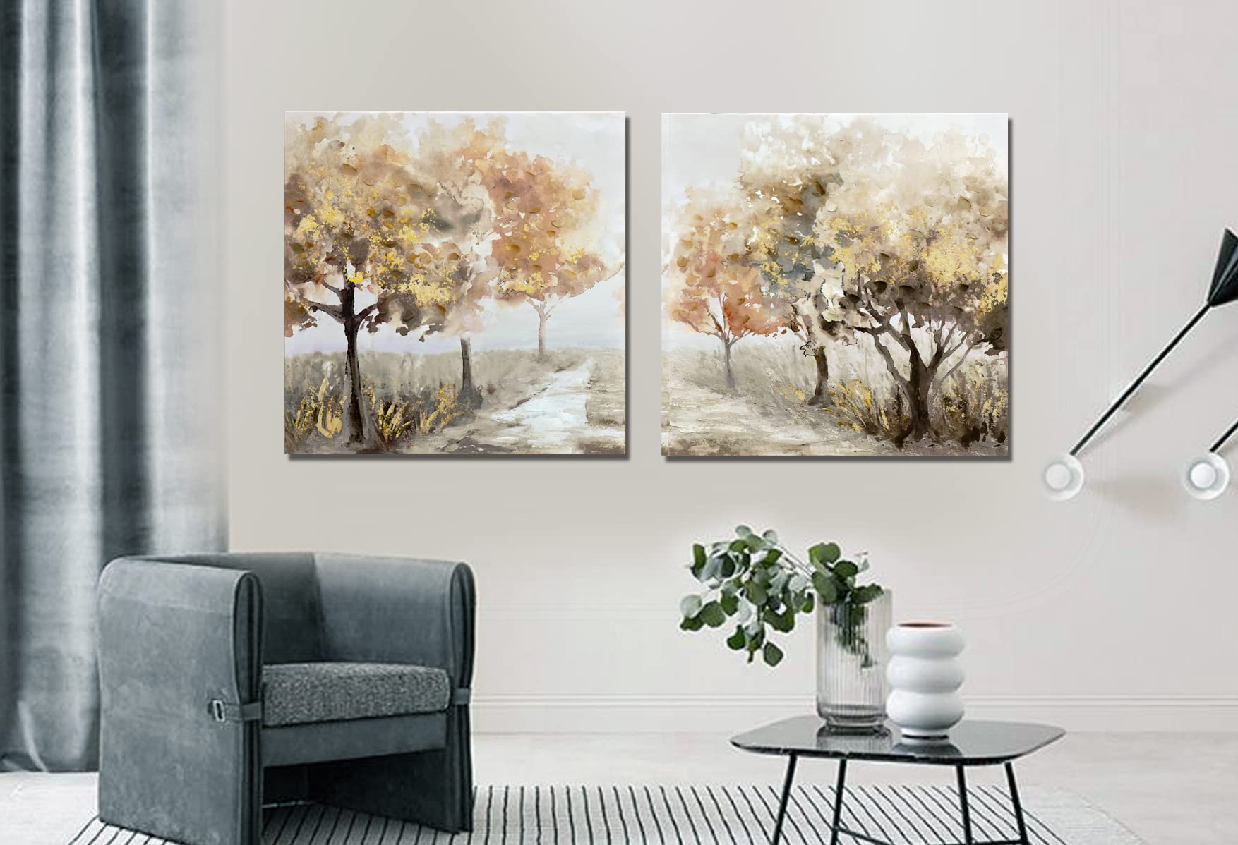 DEEIYUER Large Framed Canvas Prints Wall Art of Trees for Home, Water Color Oil Paintings of Countryside Landscape with Golden Foil for Living Room Bedroom, Stretched Ready to Hang 70x70cmx2pcs