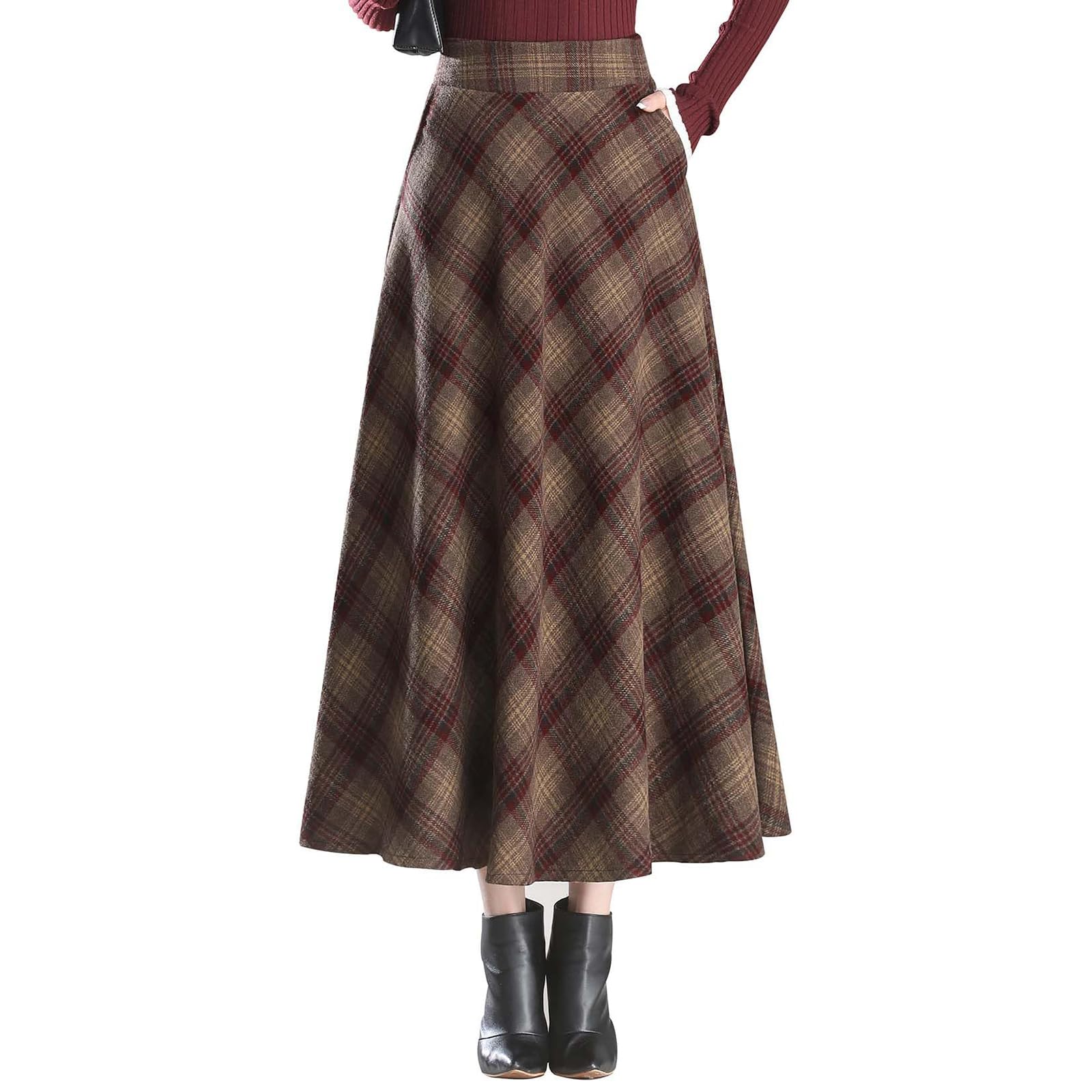 Womens Plaid Wool Skirt Warm A-Line Pleated Long Skirt Elastic Waist Winter Tartan Skirt Casual Office Knee Length