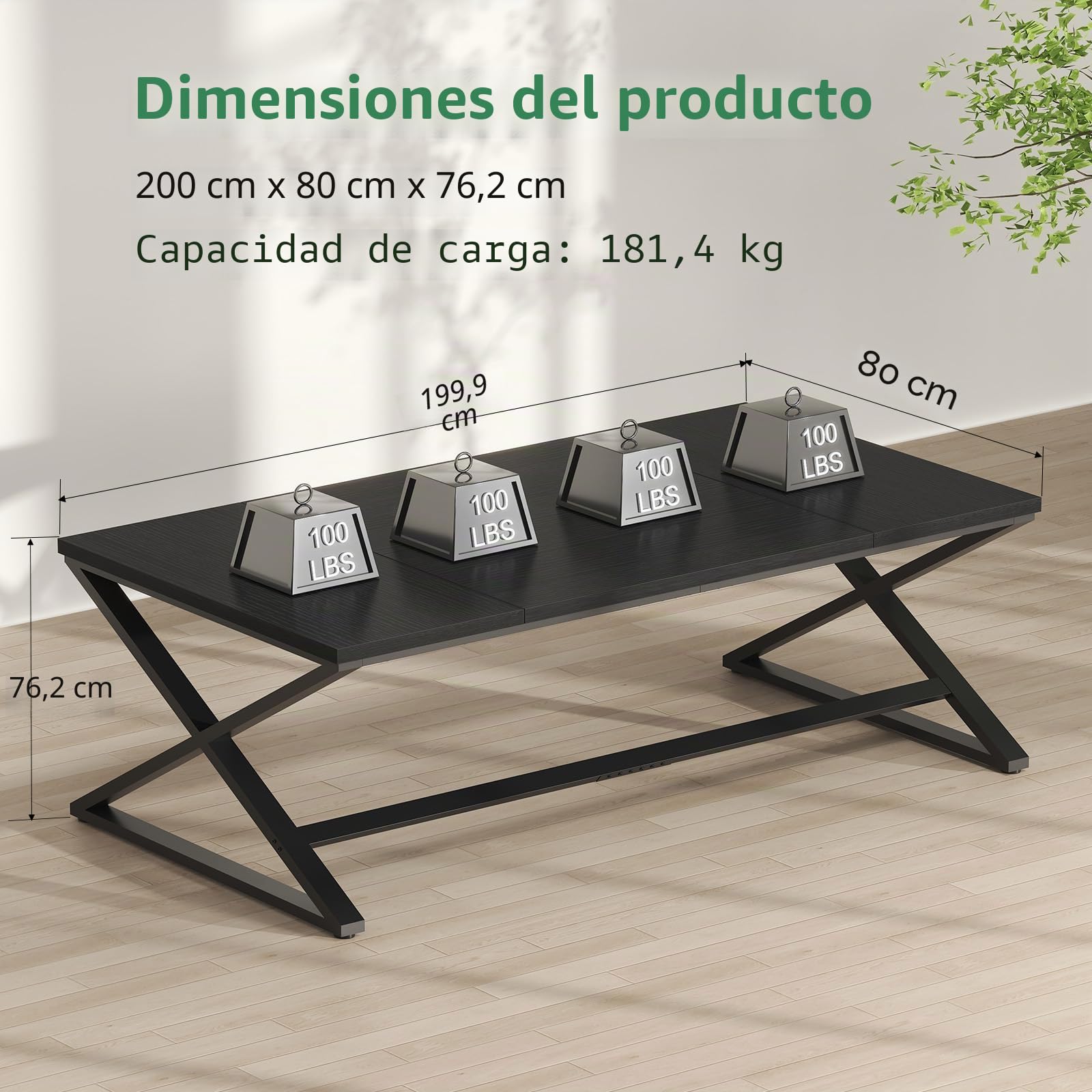 IBF Escritorio Negro, Escritorio Grande de Trabajo para Oficina en Casa, Escritorio de Computadora de 200 cm de Largo, Escritorio de Estudio Amplio y Simple para Escribir, Estación de Trabajo