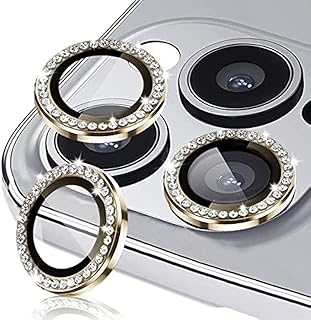 واقي عدسة الكاميرا ذو نمط الماسي لموبايل آيفون 14 برو 6.1 بوصة وآيفون ماكس 6.7 من الزجاج المقوى بتصميم حلقة لامعة المعز دايموند جولد ذهبي