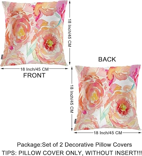 Miniatura 6 de Swono Juego de 2 fundas de almohada de peonía melocotón para hombres y mujeres, rosas en acuarela, peonías, flores, 18 x 18 pulgadas, funda de cojín