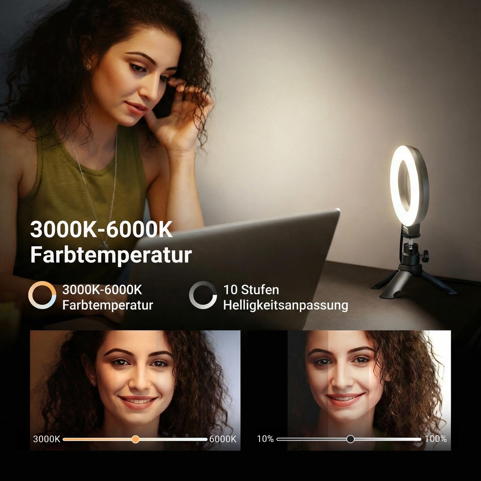NEEWER BASICS 5" Ringlicht mit Klemme und Mini Stativ, 10W 3000k-6000K Dimmbares Ansteckleuchte für Laptop Computer Monitor Videokonferenzen Selfie, Vlog Makeup, Live Streaming, Videoaufnahmen, BR60