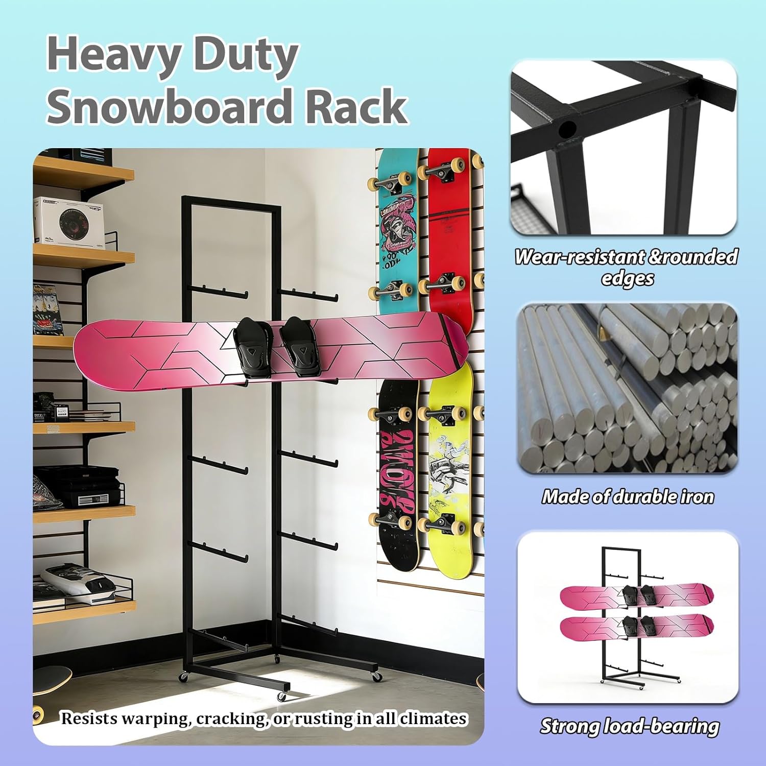 Floor-Standing Rolling Ski Rack, Longboard Holder for Storage Downhill Skiing Poles/Items/Skis, Multi-Purpose Snowboard Organizer Shelf(5 Layer)