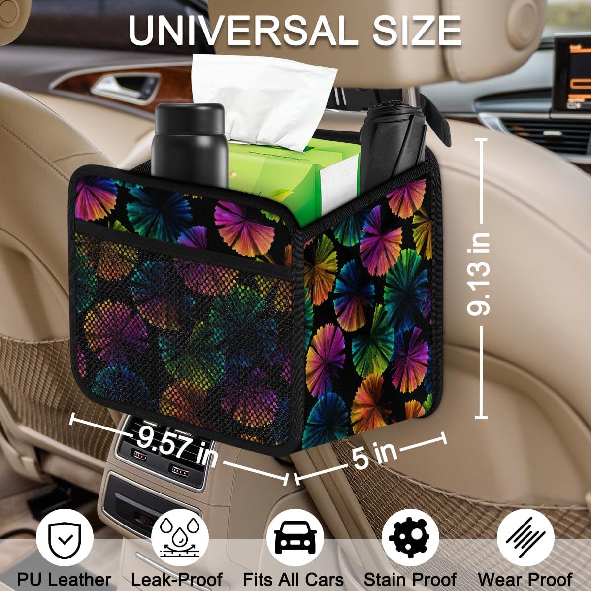 Rainbow Floral Burst Print Car Backseat Organizer PU Leather Truck Back Seat Trash Bag Foldable Universal Hanging Storage Box Travel Accessories