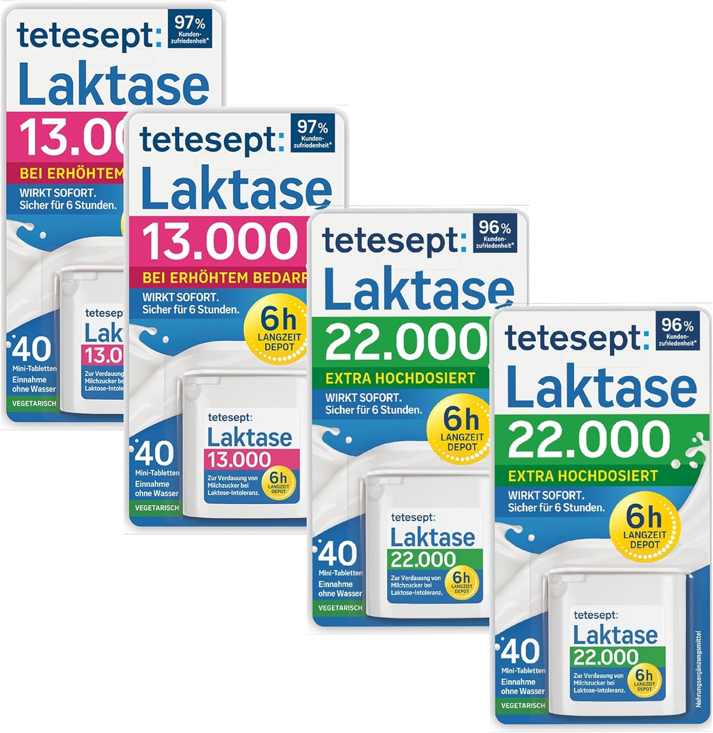 tetesept Laktase 13.000 & 22.000 - Laktasetabletten bei Laktoseunverträglichkeit - Nahrungsergänzungsmittel mit Sofortwirkung & 6h Langzeit-Depot - 4 Dose à 40 Stück