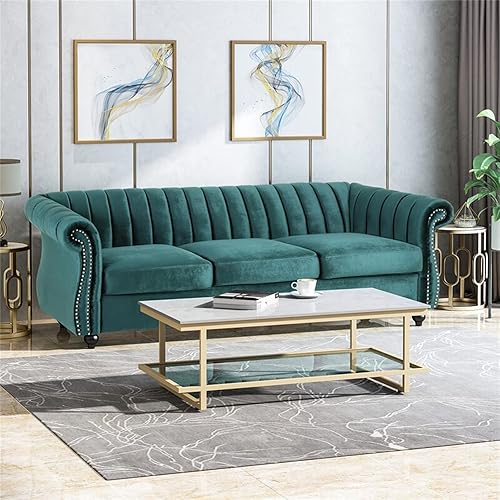 Modern 3-Seater upholstered Chesterfield grooved backrest roll arm Classic Cushioned Accent armrest Teal Sofa