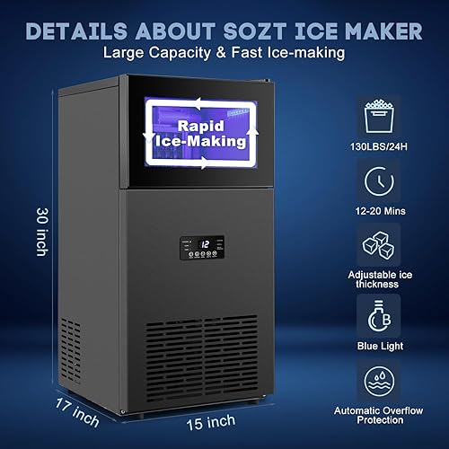 Miniatura 2 de Máquina comercial para hacer hielo de 130 libras24 horas con contenedor de almacenamiento de 35 libras, máquina de cubitos de hielo independiente de