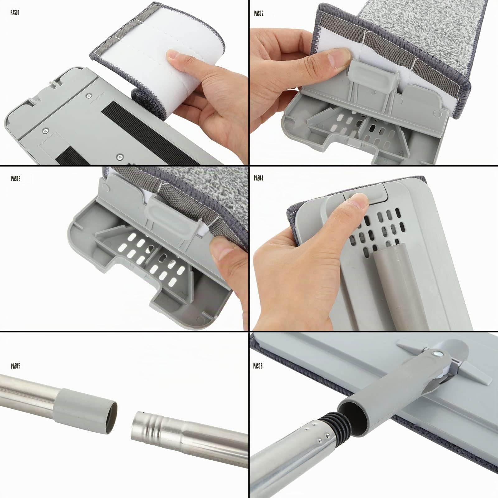 ASelected Juego de fregona Plana y Cubo, mopa Manos Libres con 10 Almohadillas de Microfibra Reutilizables y Mango de Acero Inoxidable de 123 cm de Largo, mopa de Microfibra para Azulejos, mármol,