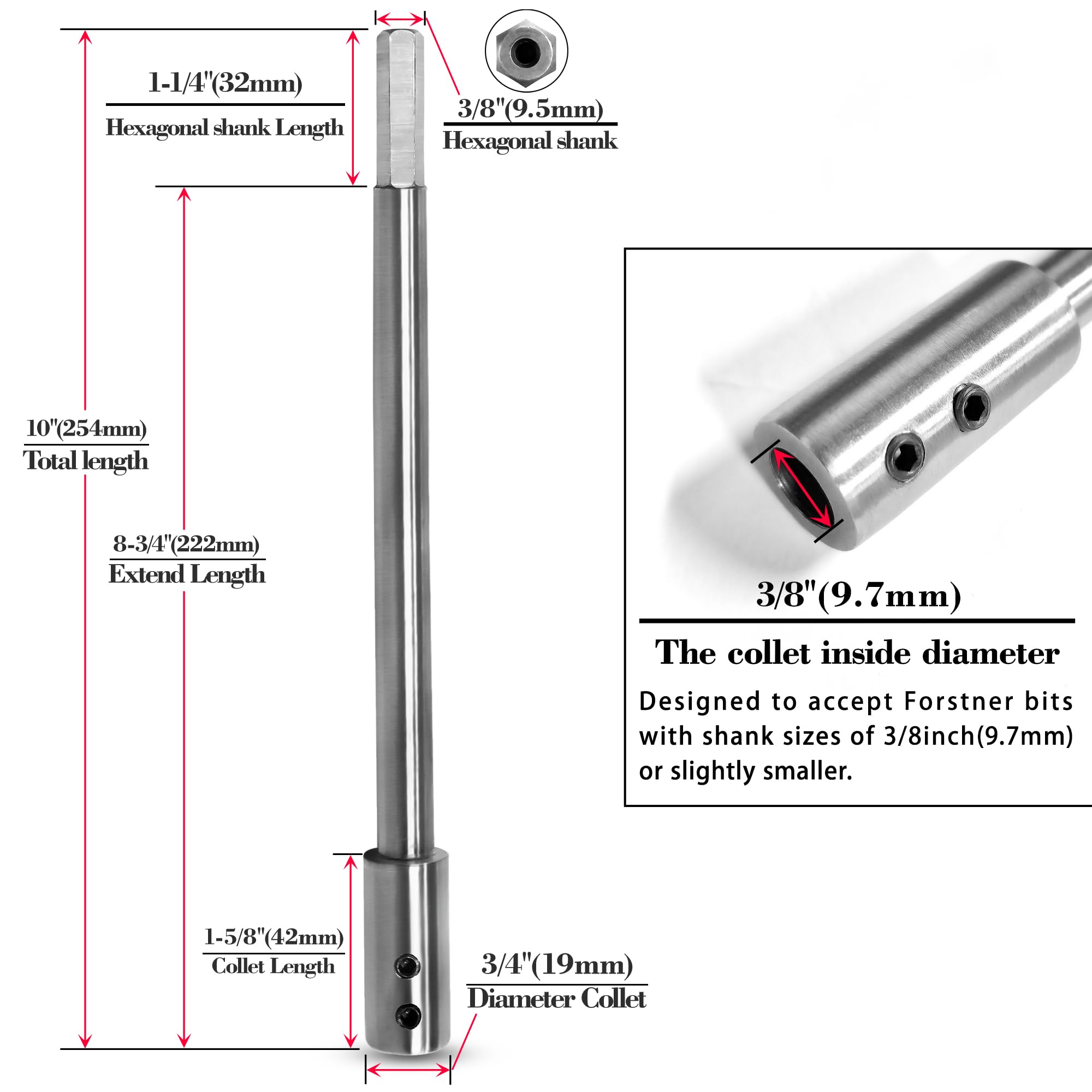 ASNOMY 10 Inch Extra Long Forstner Bit Extension for Adding Over 8-3/4 inches of Drilling Depth to Your 3/8" Round or Hex Shafts Forstner Bit - Image 2