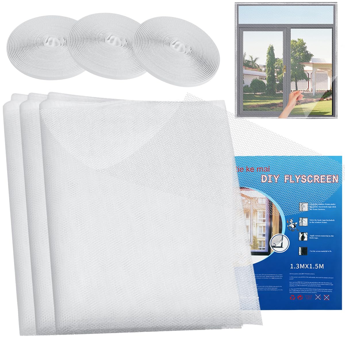 XYGK Fly Screens for Windows, 3 Pack Self-Adhesive Mosquito Netting, DIY Cut-to-Size Window Screen Mesh, 130x150cm, Bug Net for Insects with Upgraded Hook Tape, White