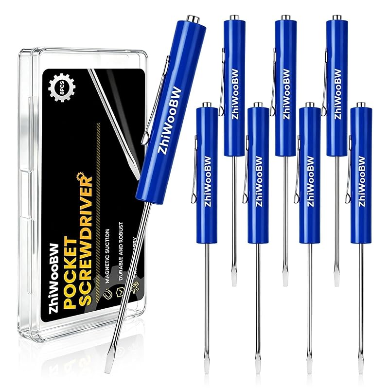 Kit com 8 chaves de fenda magnéticas de bolso, ponta chata, cabo azul e estojo ZhiWooBW