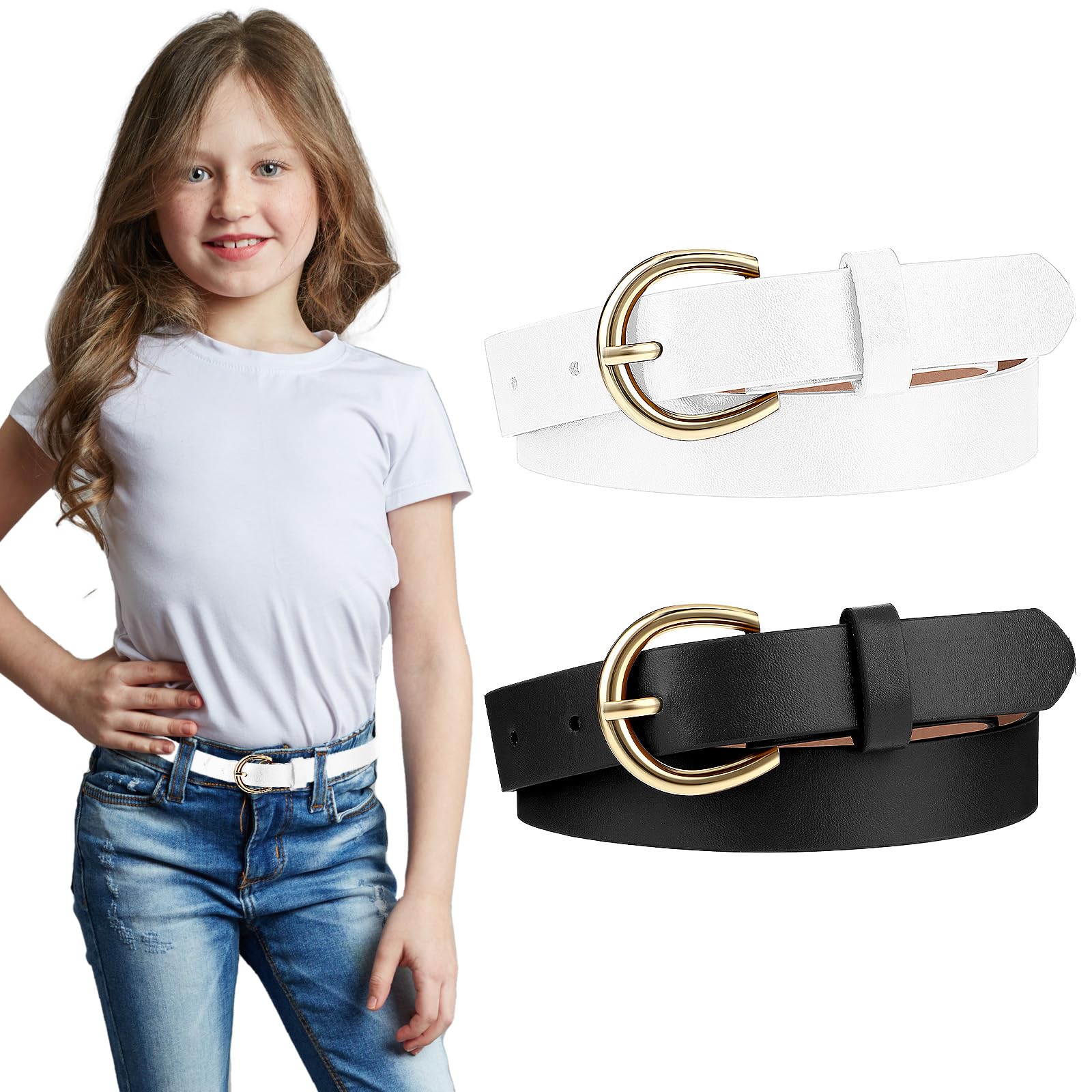 Lot de 2 ceintures pour filles de 82 cm en cuir élastique pour enfants, exquises et confortables avec double boucle en O