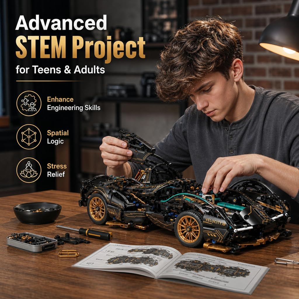 Coche RC, Coche teledirigido, 1:14 con LED Modelo Kit | coche RC: luces LED, funciones motorizadas y doble control; montaje en familia, conducción interior, exposición y regalos