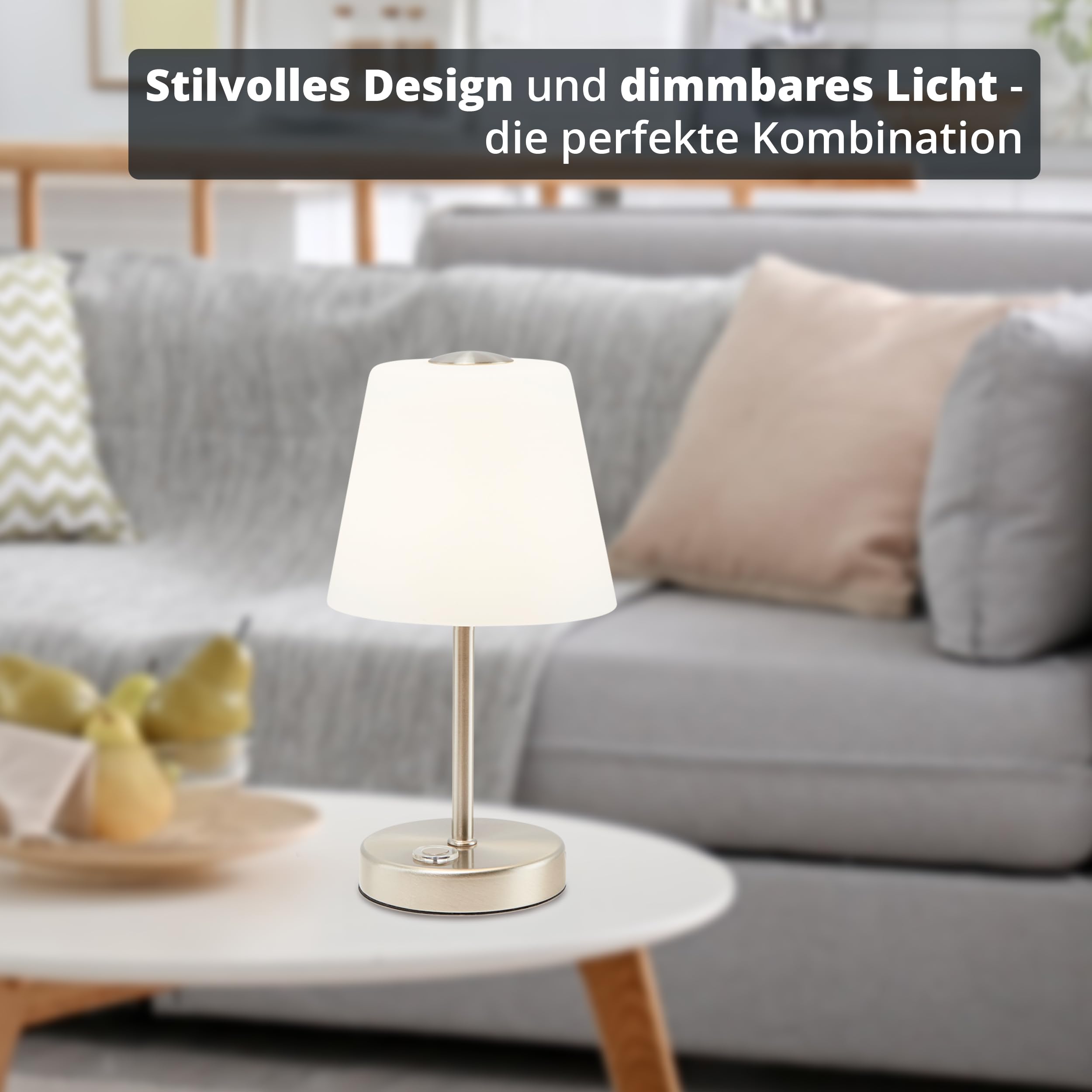 KHG LED-Tischleuchte in Nickel-Matt mit Alabasterglas-Schirm - 3-Stufen-Touchdimmer für individuelle Helligkeit - Energieeffizient & langlebig - 25,5 cm Höhe - Ideal für Nachttisch & Schreibtisch
