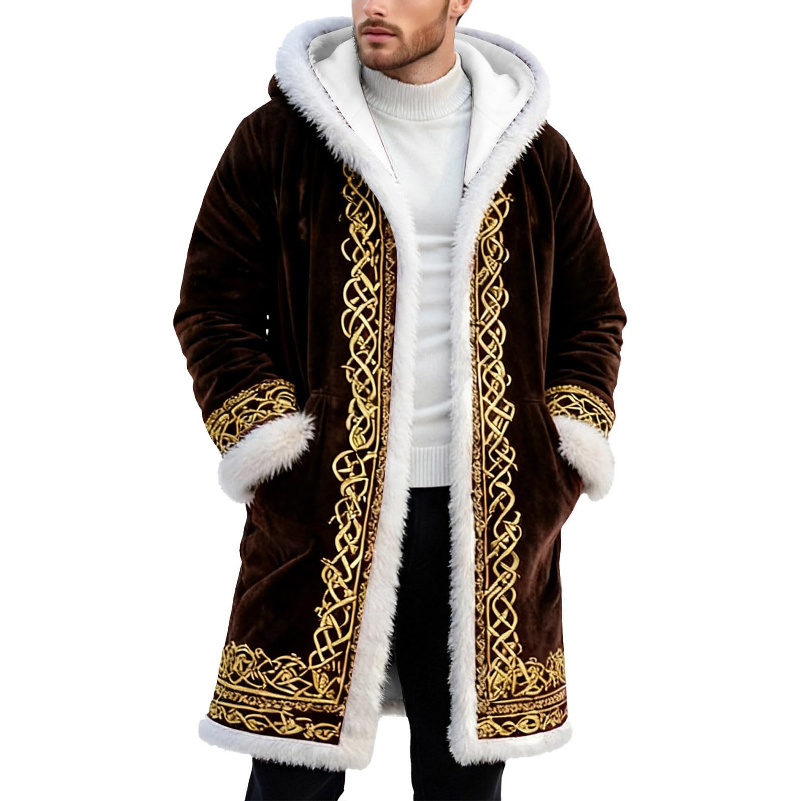 Santa Claus Costume Men's Christmas Costume Men's Funny Christmas Fleece Hoodie Oversize Christmas Jacket Warm Soft Cardigan Festive Party Coat Xmas Hooded Coat with Hood, O Brown, S