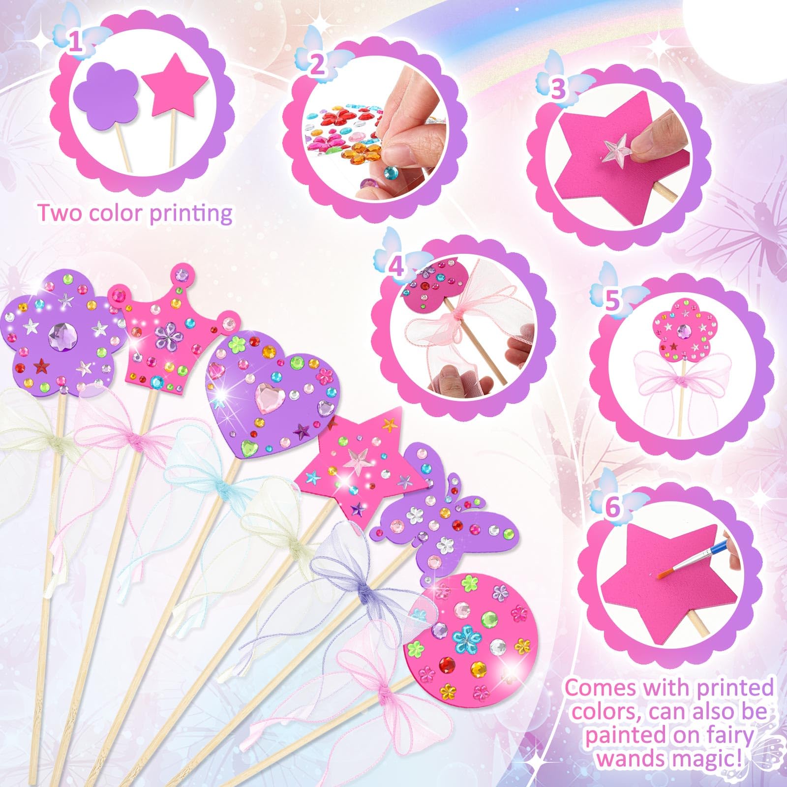 Juexica Il kit da 72 bacchette da principessa include 6 stili di accessori da principessa in legno non finiti, adesivi con gemme, nastri, per creare le tue bacchette per feste di compleanno per