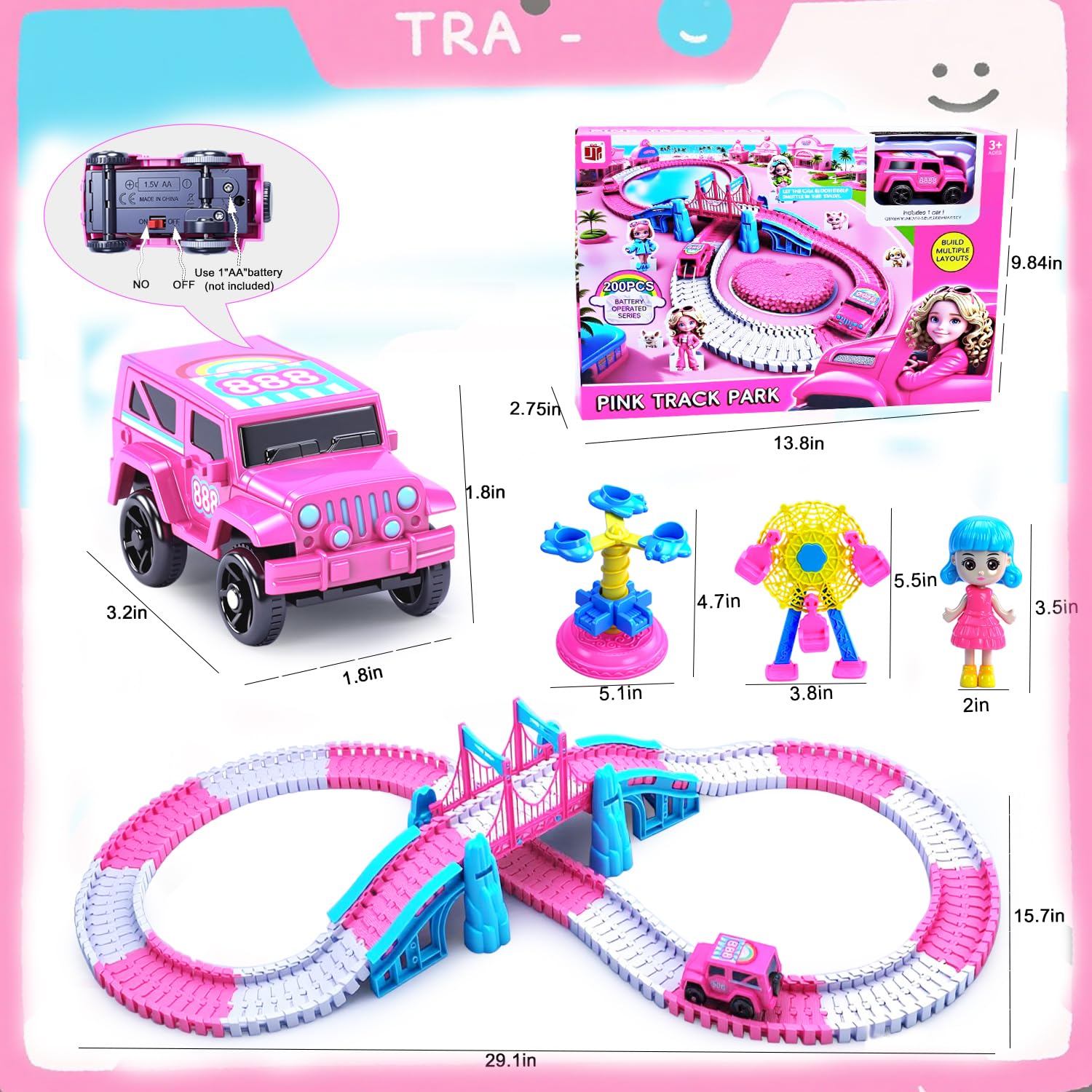 Pistas de carreras para niños de 4 a 8 años, 203 piezas de juguetes eléctricos de pistas mágicas rosas, juego de pistas de automóvil flexible, juguetes para niñas, regalos de cumpleaños para niñas de 4