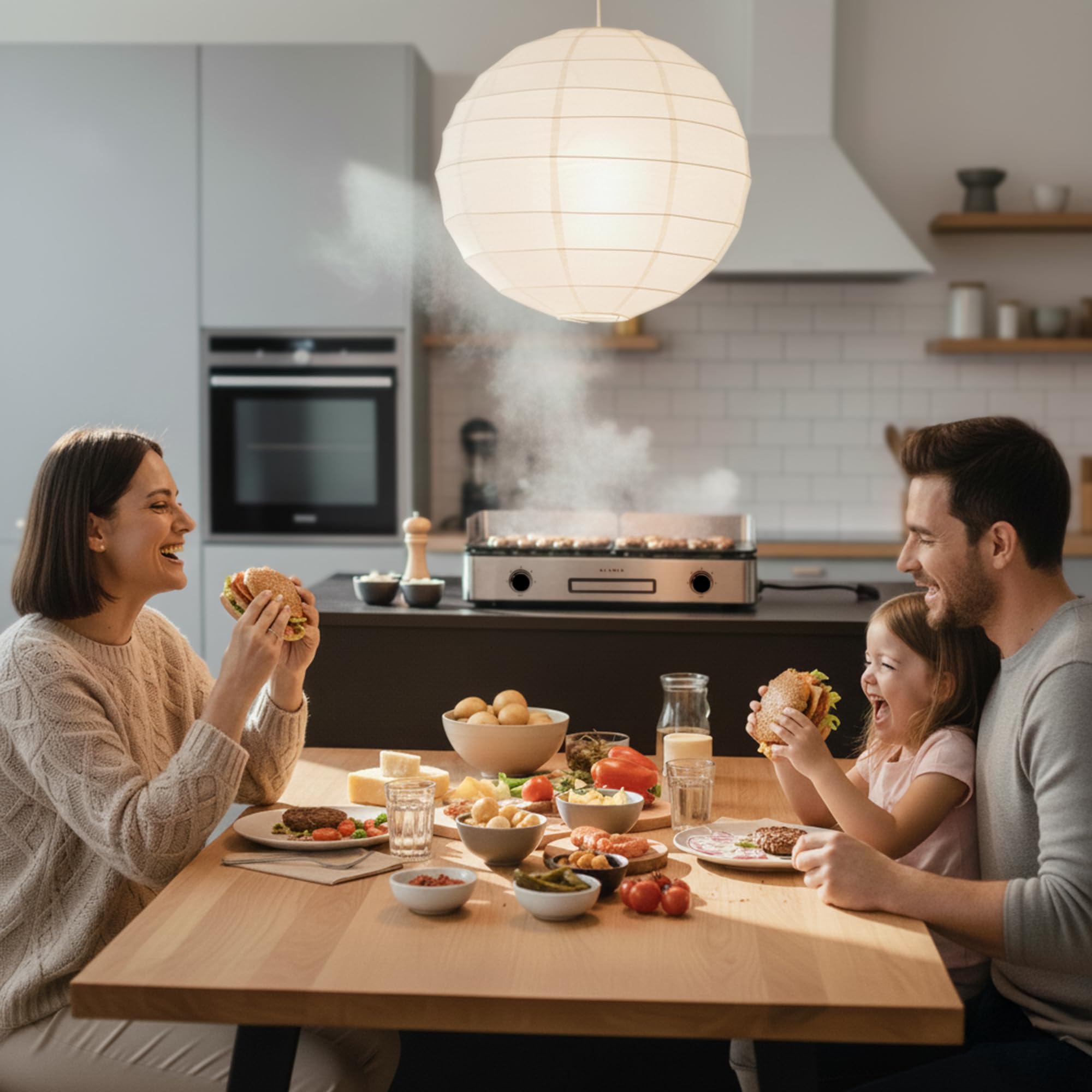 KLAMER Elektrogrill, antihaftbeschichtete und abnehmbare Duo-Platten, separate Temperatureinstellung, 5 Grillstufen, mit Wind-/ Spritzschutz & Auffangschale
