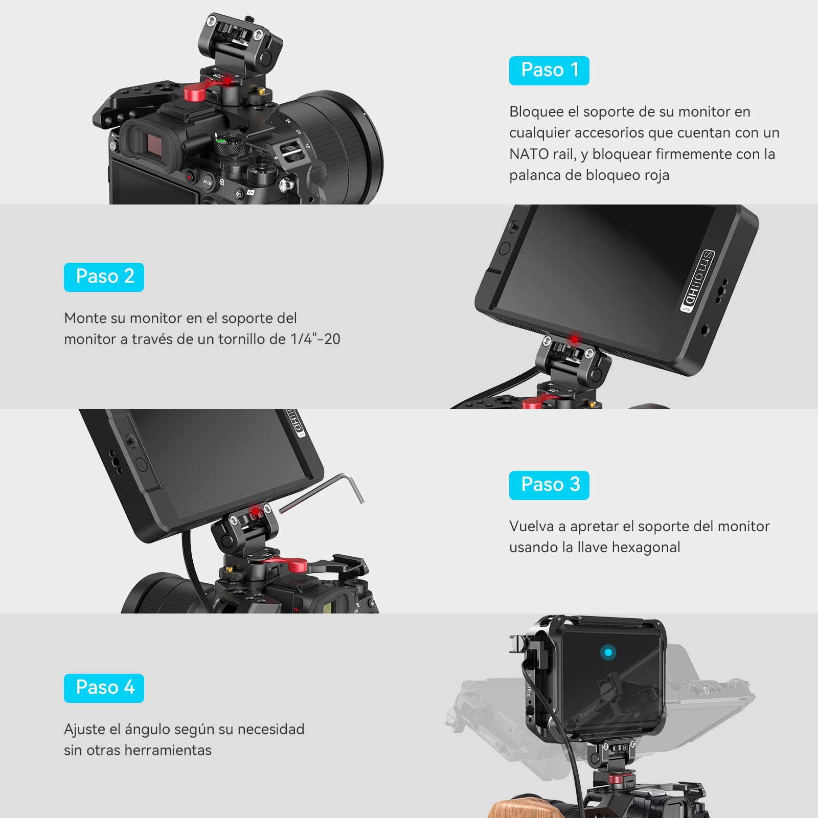 (Nueva Versión) SMALLRIG Monitor Mount Montaje de Monitor con NATO Clamp de Aleación de Aluminio, Quick Release Soporte Monitor DSLR, Inclinación 160° Gira 180° Carga Máxima 1,5kg - 2100