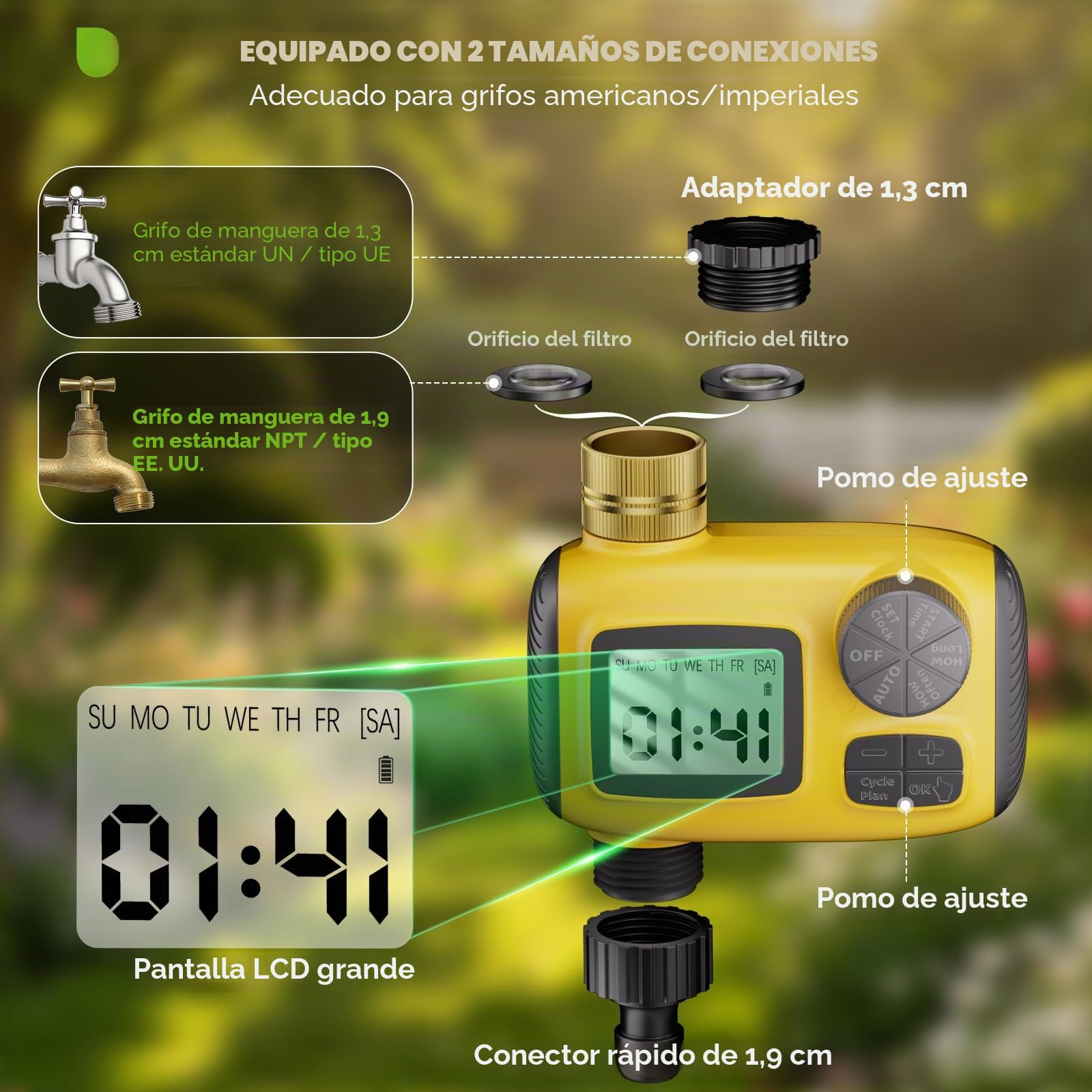 Pantalla LCD Programador de Riego Automático, Sistema de Riego Automático, con 3 Programas de Riego Independientes/Función de Retardo de Lluvia，Apto para Riego Césped/Patios