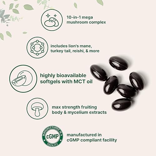 Miniatura 3 de Suplemento de mega hongos  240 cápsulas blandas con aceite MCT para una mejor absorción  Complejo definitivo 10 en 1 con chaga, melena de león,