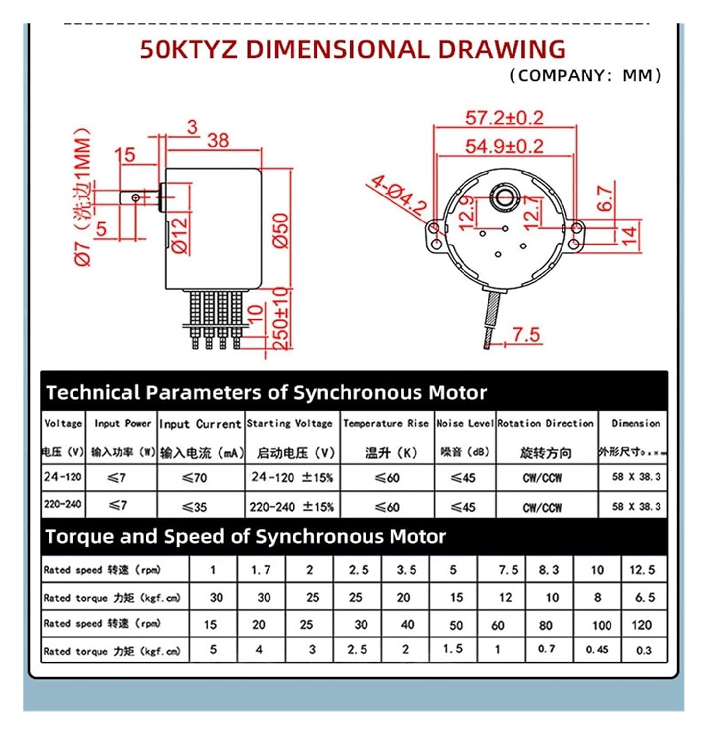 50KTYZ Permanent Magnet Synchronous Motor High Torque 220V AC Motor Forward and Reverse Controllable Geared Speed Reducer Motors(110V 2.5rpm)