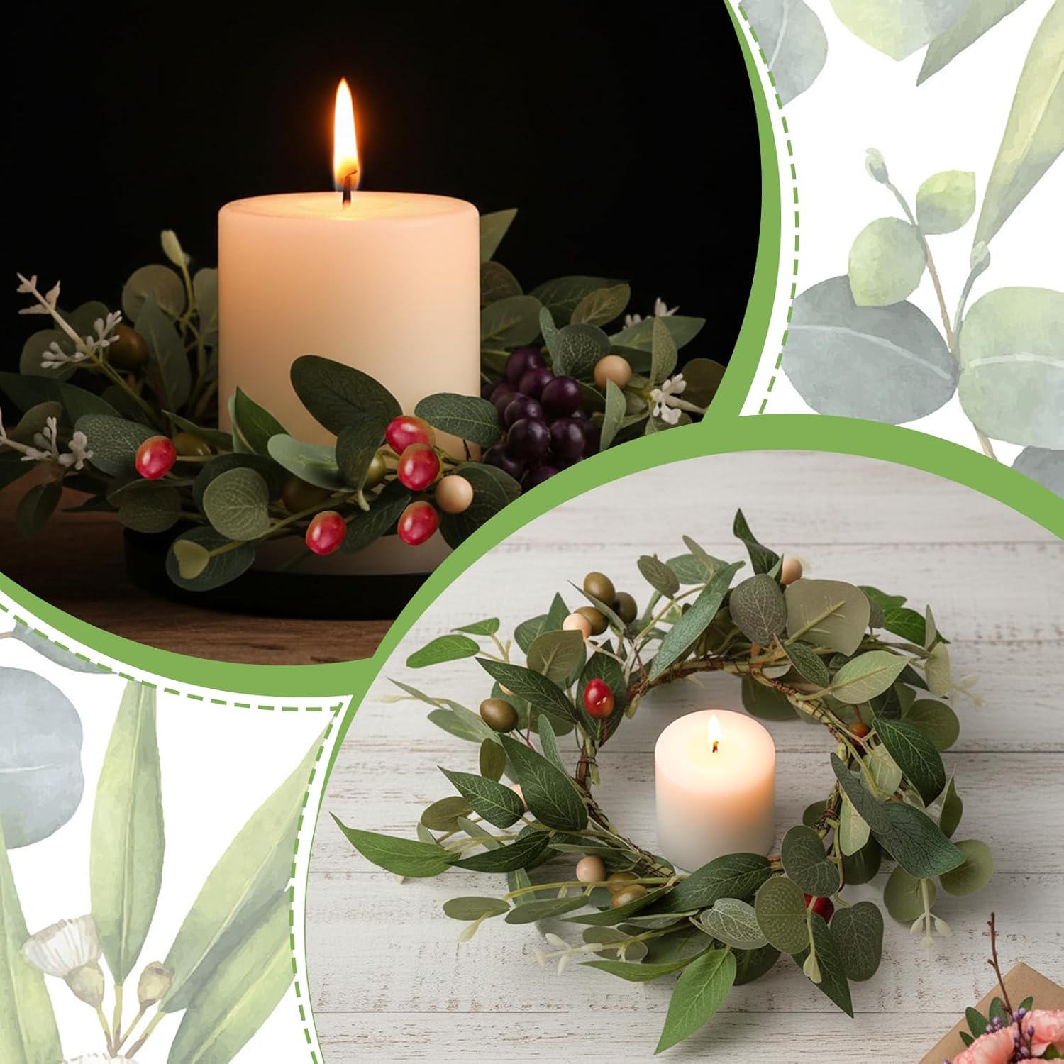 2 Pcs 4 Inch Mini Eucalyptus Wreaths for Candles, Summer Candle Rings with Olive Leaves Berries Candle Garland Pillar 3.94 Inch Small Wreath Decor for Centerpiece Cabinet Table