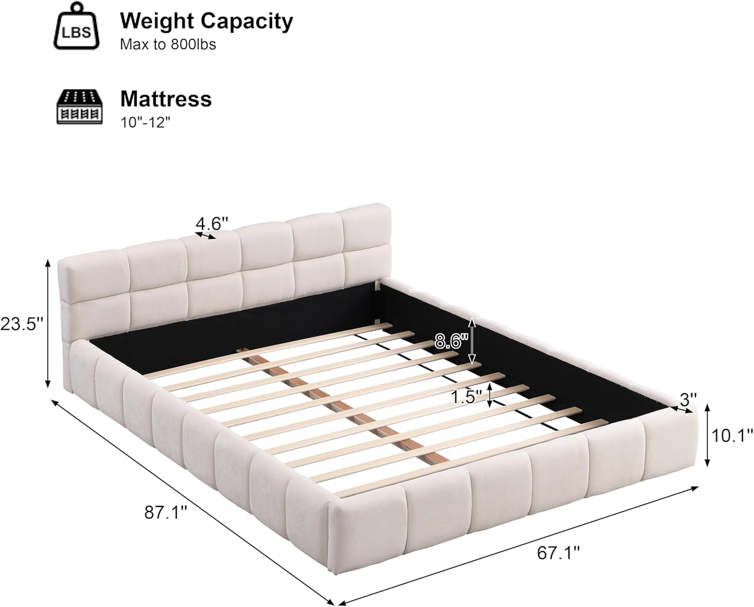 Queen Size Platform Bed with Checkerboard Headboard, Modern Upholstered Bed Frame, Soft Beige Chenille Fabric, No Box Spring Needed (Queen)