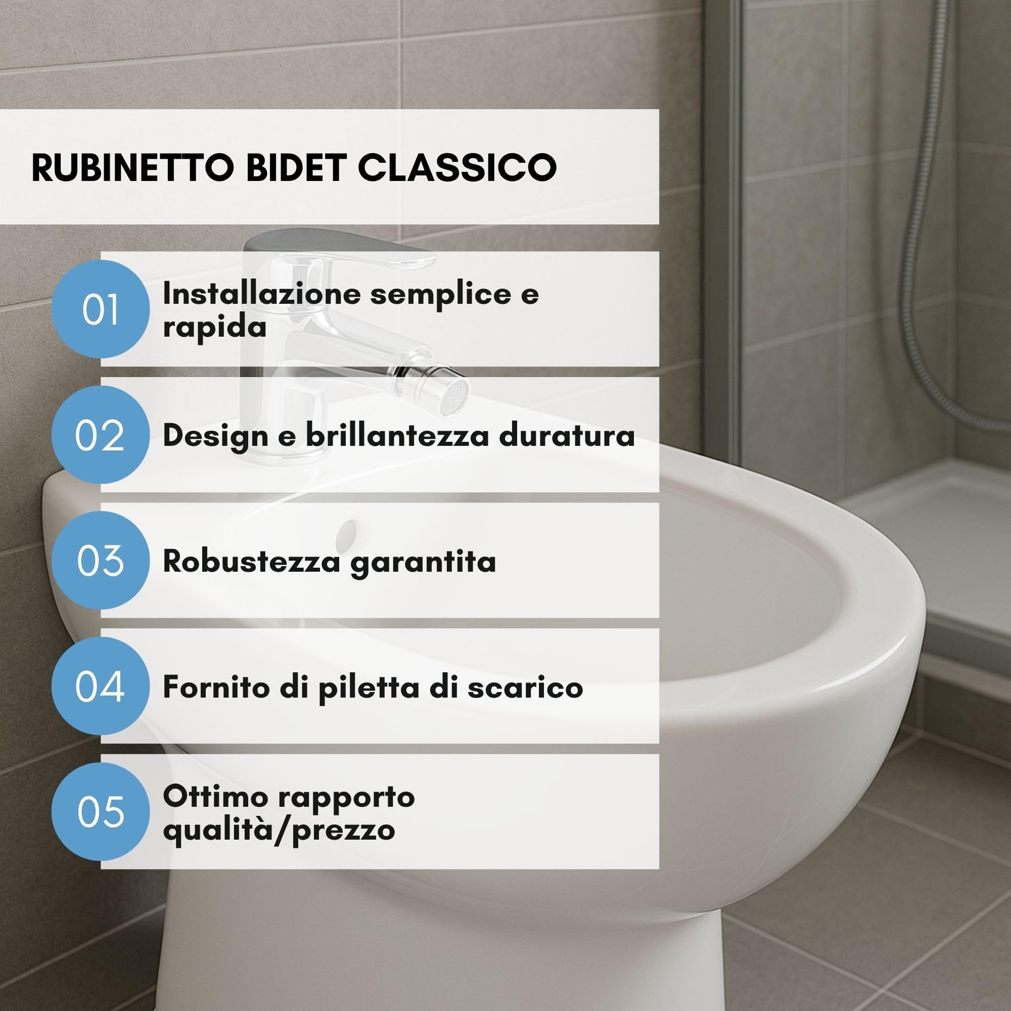Miscelatore per Bidet Bagno monoforo con Piletta di Scarico 1”1/4 Stile Classico | Miscelatore Acqua Calda Fredda | Ottone Cromato | Attacco 3/8 | Kit Completo | Installazione Facile