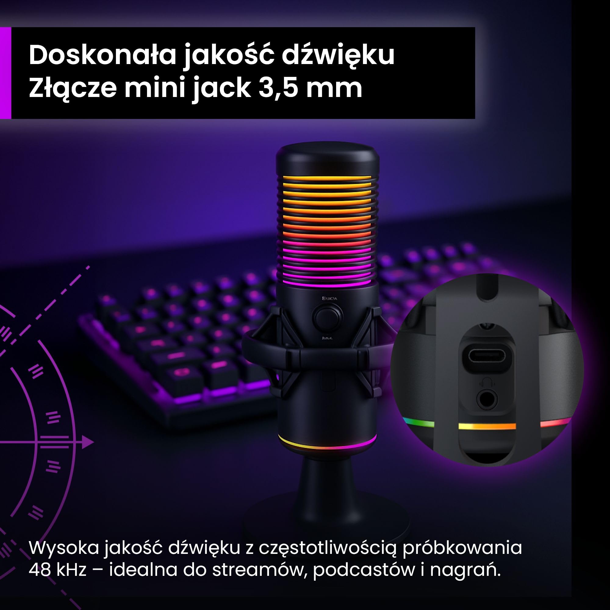 PREYON Mikrofon Gamingowy do PC z Ramieniem USB Pojemnościowy - Podcastów Streamingu Laptopa i Studia Podświetlenie RGB z Wyciszeniem Kardioidalny Omnidirekcjonalny Pokrętła Regulacji – Czarny