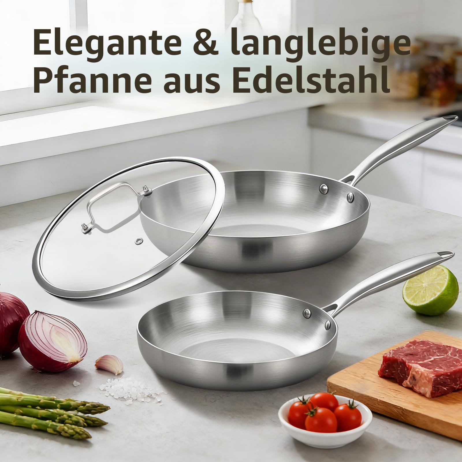 Inqibee Edelstahlpfanne Bratpfannenset Unbeschichtet 22cm+26cm mit Deckel | Pfannenset Edelstahl, Edelstahl-Bratpfannen-Set, Für Induktion & alle Herdarten - Ofenfest, Spülmaschinenfest