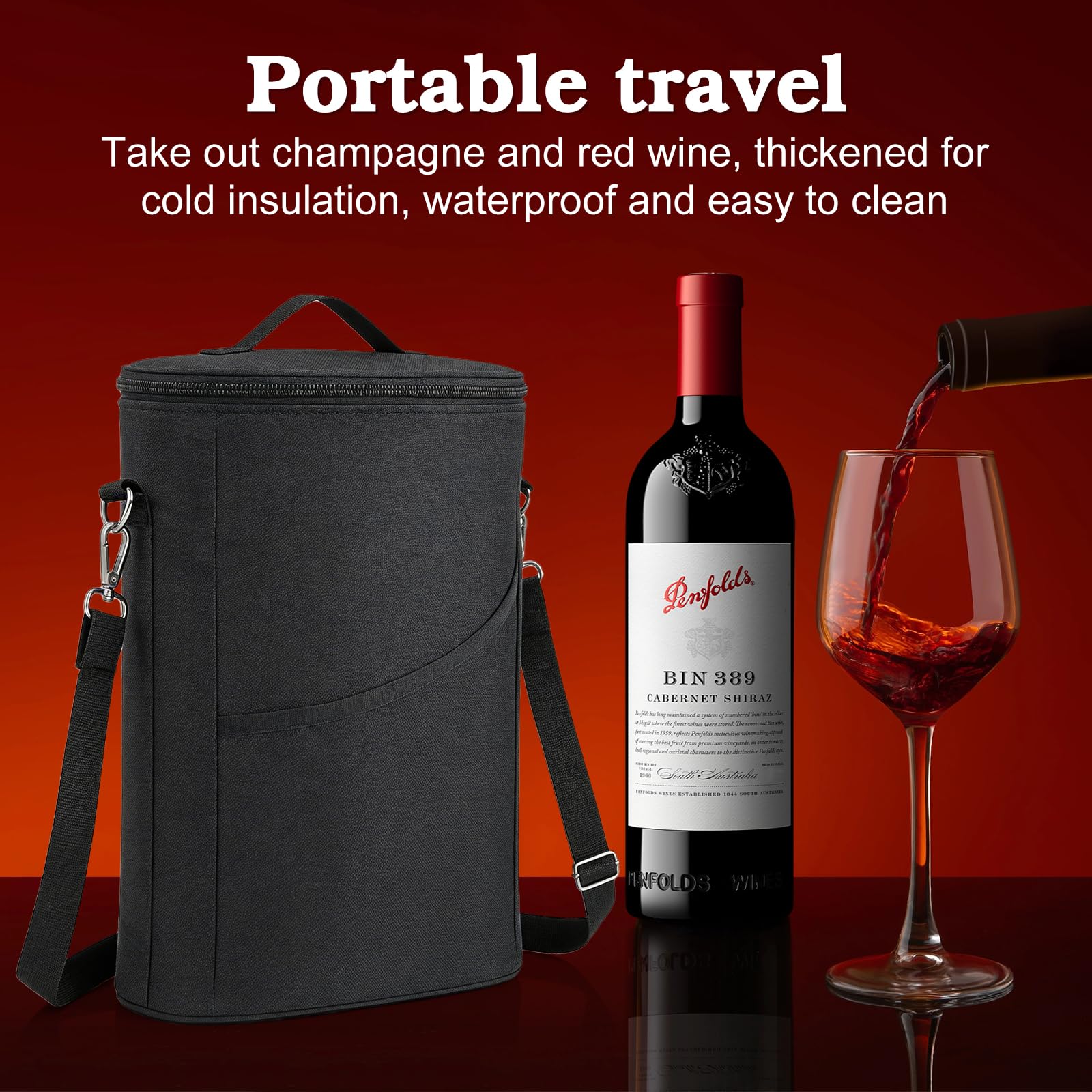 Borsa termica per 2 bottiglie, borsa termica termica per bottiglie d'acqua, borsa termica per 2 bottiglie, refrigerante per bottiglie in viaggio, per picnic party BYOB Packag (nero)