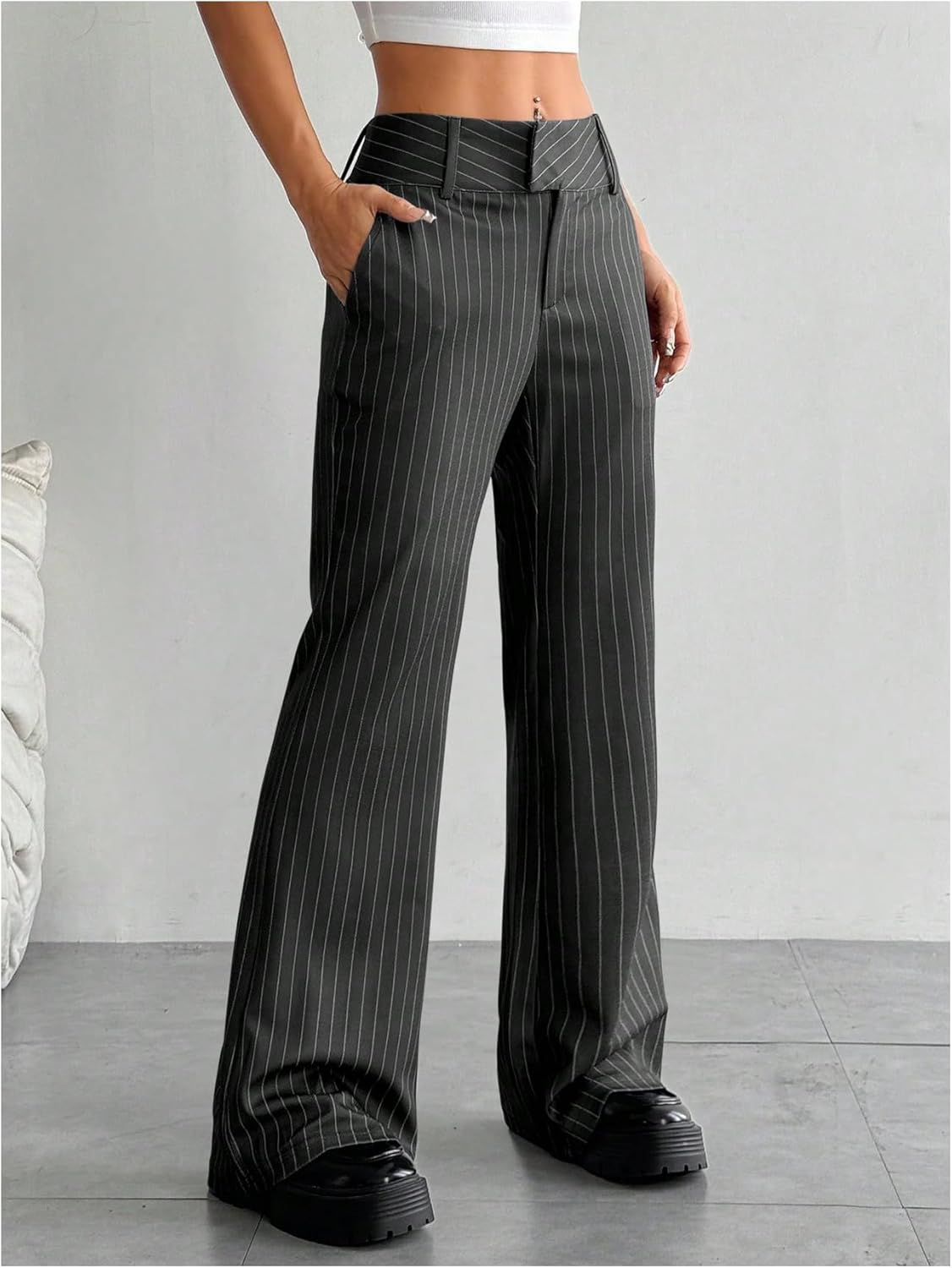 Floerns Women's Striped Print High Waisted Dress Pants Straight Leg Work Suit Pants - Image 3