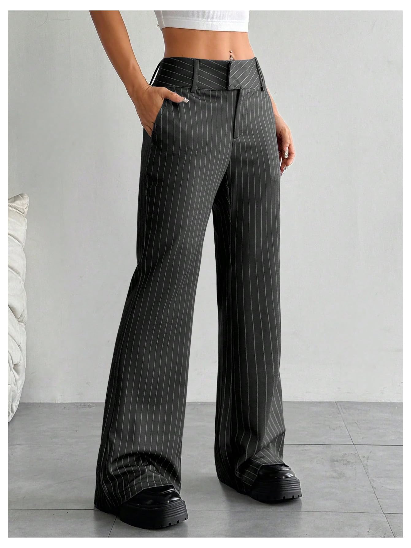 Floerns Pantalones de vestir de cintura alta con estampado a rayas para mujer, pantalones de traje de trabajo de pierna recta
