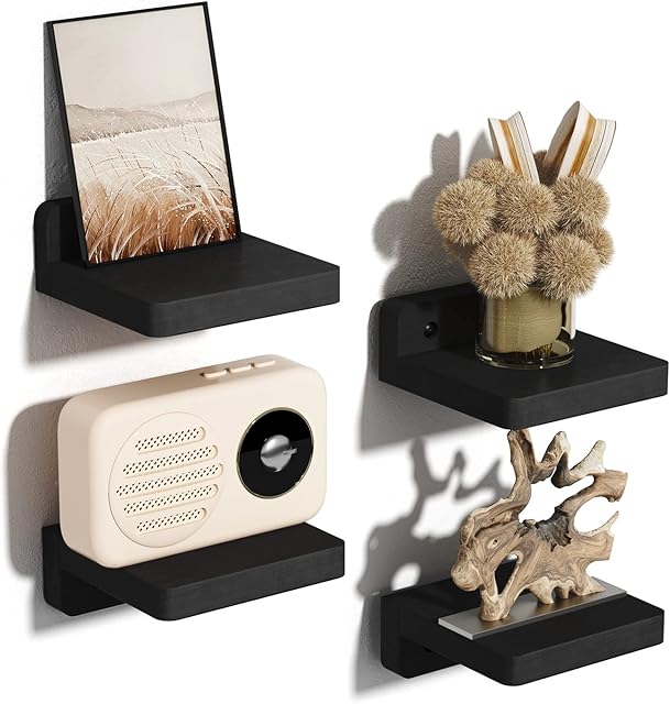 SRIWATANA Small Floating Shelves for Wall Set of 4, Decorative Wooden Shelves Wall Mounted for Bedroom, Living Room, Bathroom, Kitchen (10.2 x 10.2 x 4 cm, Black)